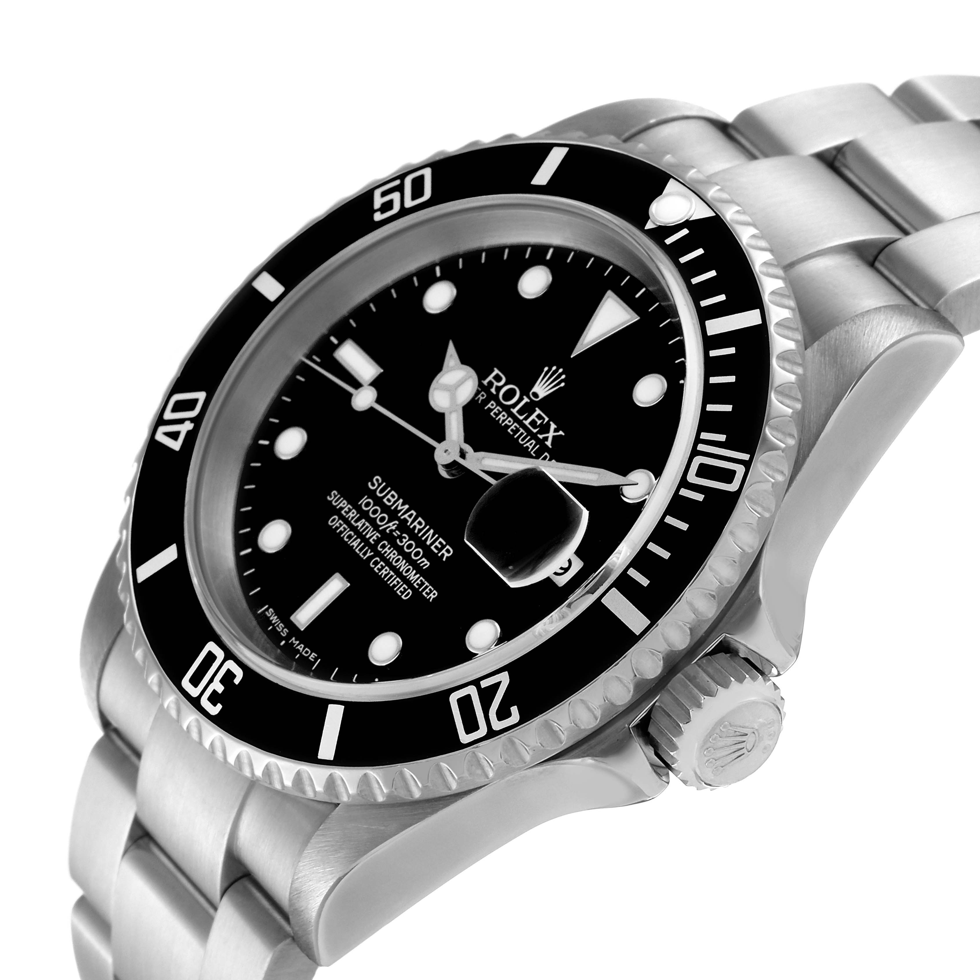 This image shows a close-up, angled view of the Rolex Submariner 16610 Men's Stainless Steel Black Dial 16610 Men's Stainless Steel Black Dial watch, highlighting the bezel, dial, crown, and part of the bracelet.