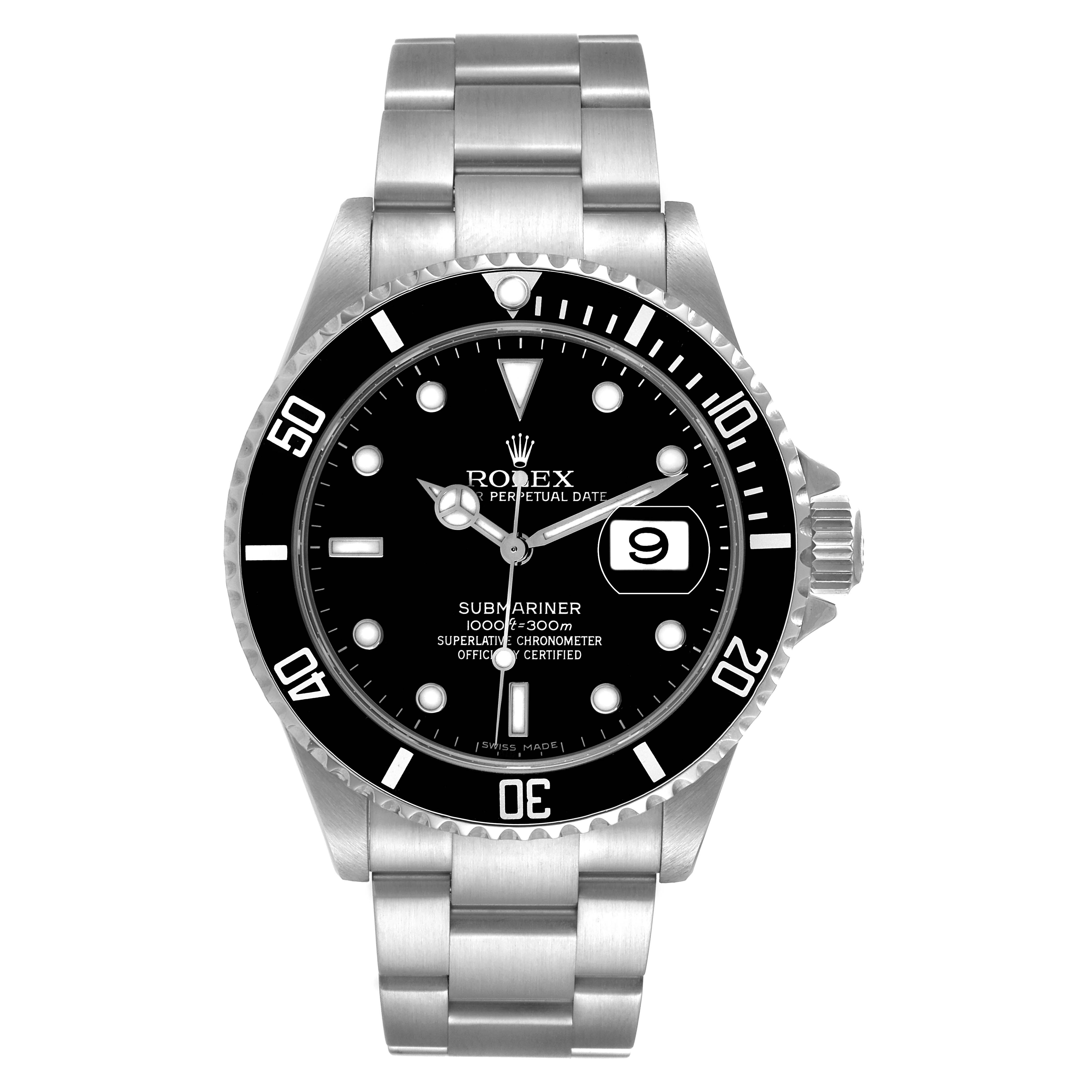 This image shows a top-down view of a Rolex Submariner 16610 Men's Stainless Steel Black Dial 16610 Men's Stainless Steel Black Dial watch, highlighting its bracelet, bezel, dial, and date window.