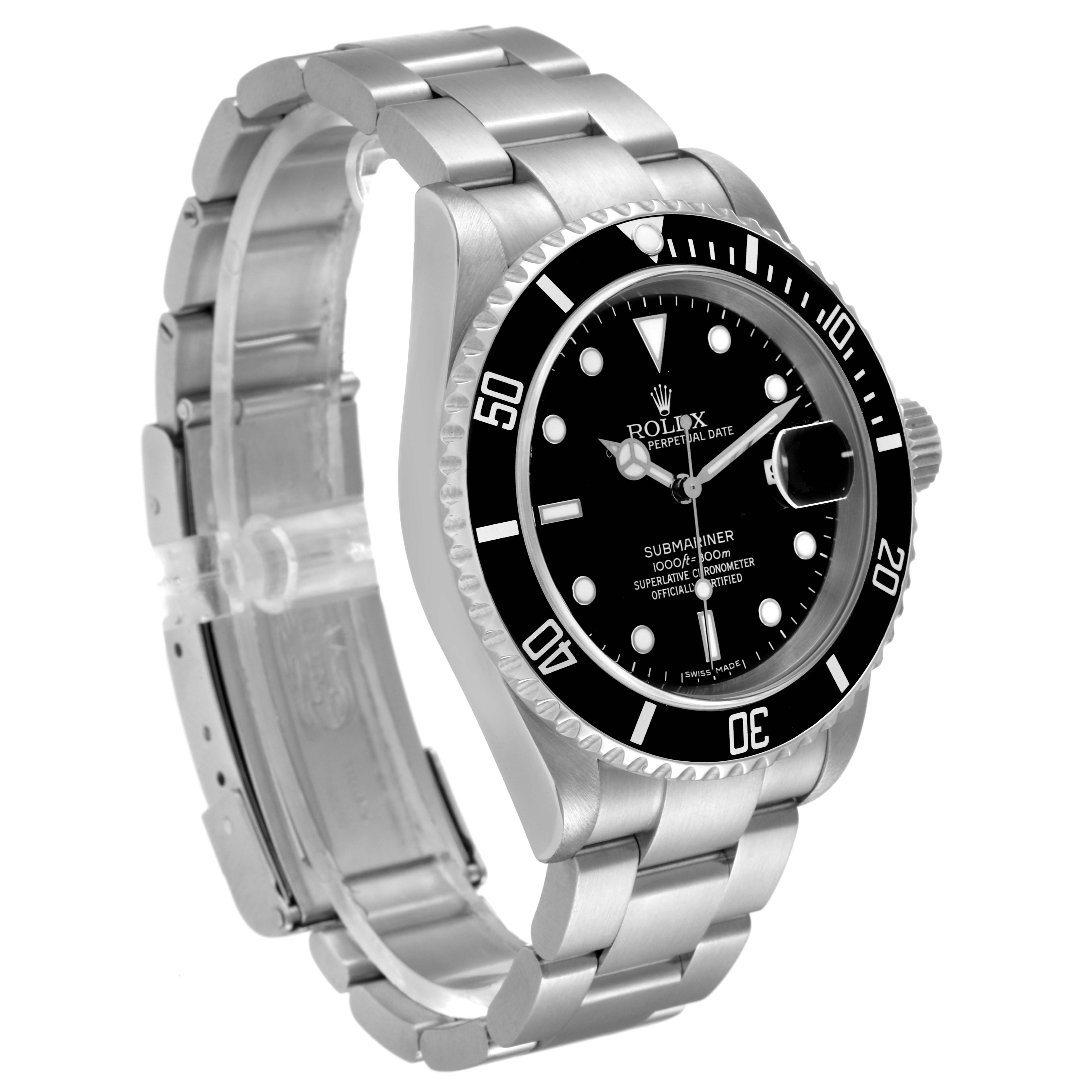 The image shows a Rolex Submariner 16610 Men's Stainless Steel Black Dial 16610 Men's Stainless Steel Black Dial watch at a right-side angle, highlighting the bezel, dial, and stainless steel bracelet.