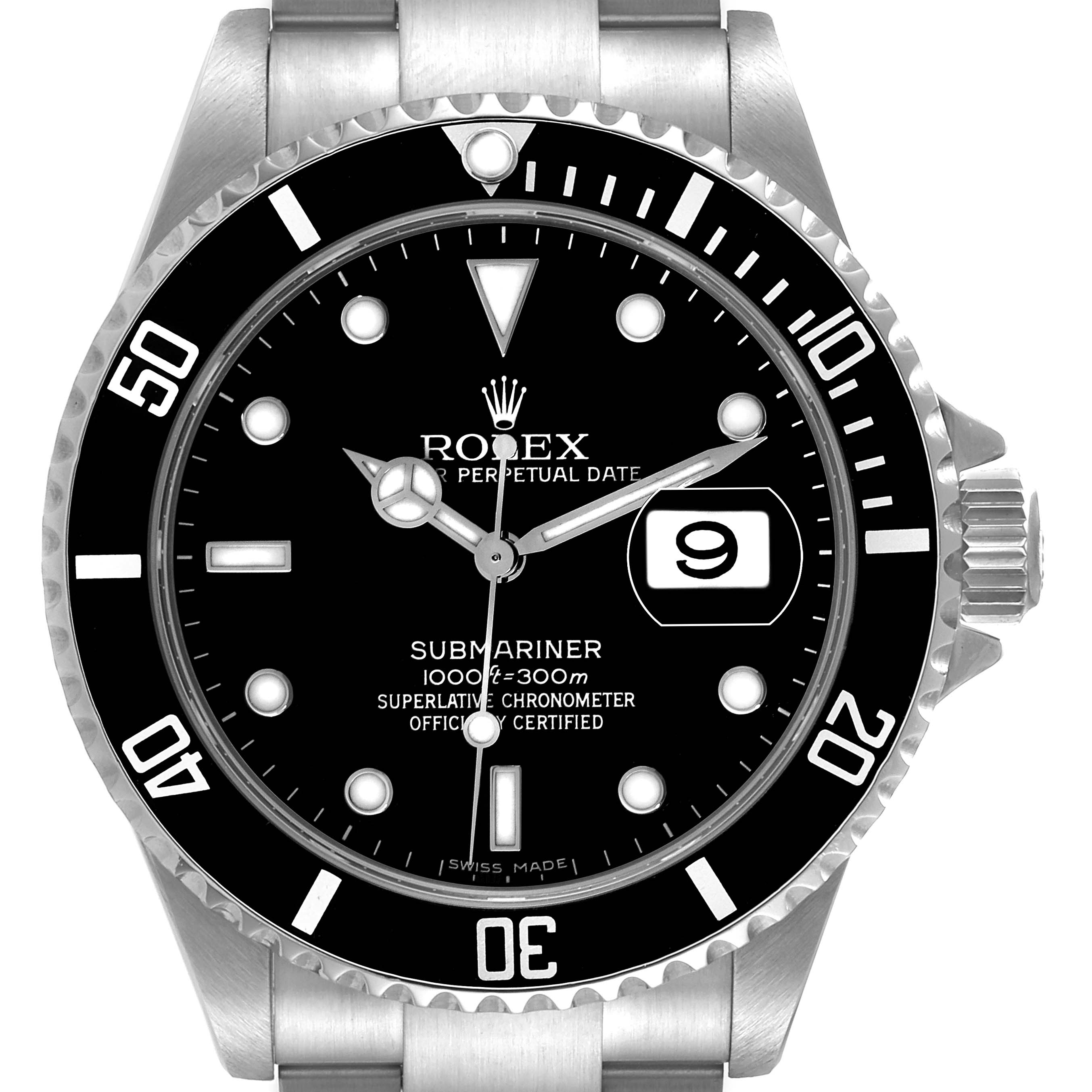 This image shows a front view of a Rolex Submariner 16610 Men's Stainless Steel Black Dial 16610 Men's Stainless Steel Black Dial watch, highlighting its dial, bezel, and part of the bracelet.