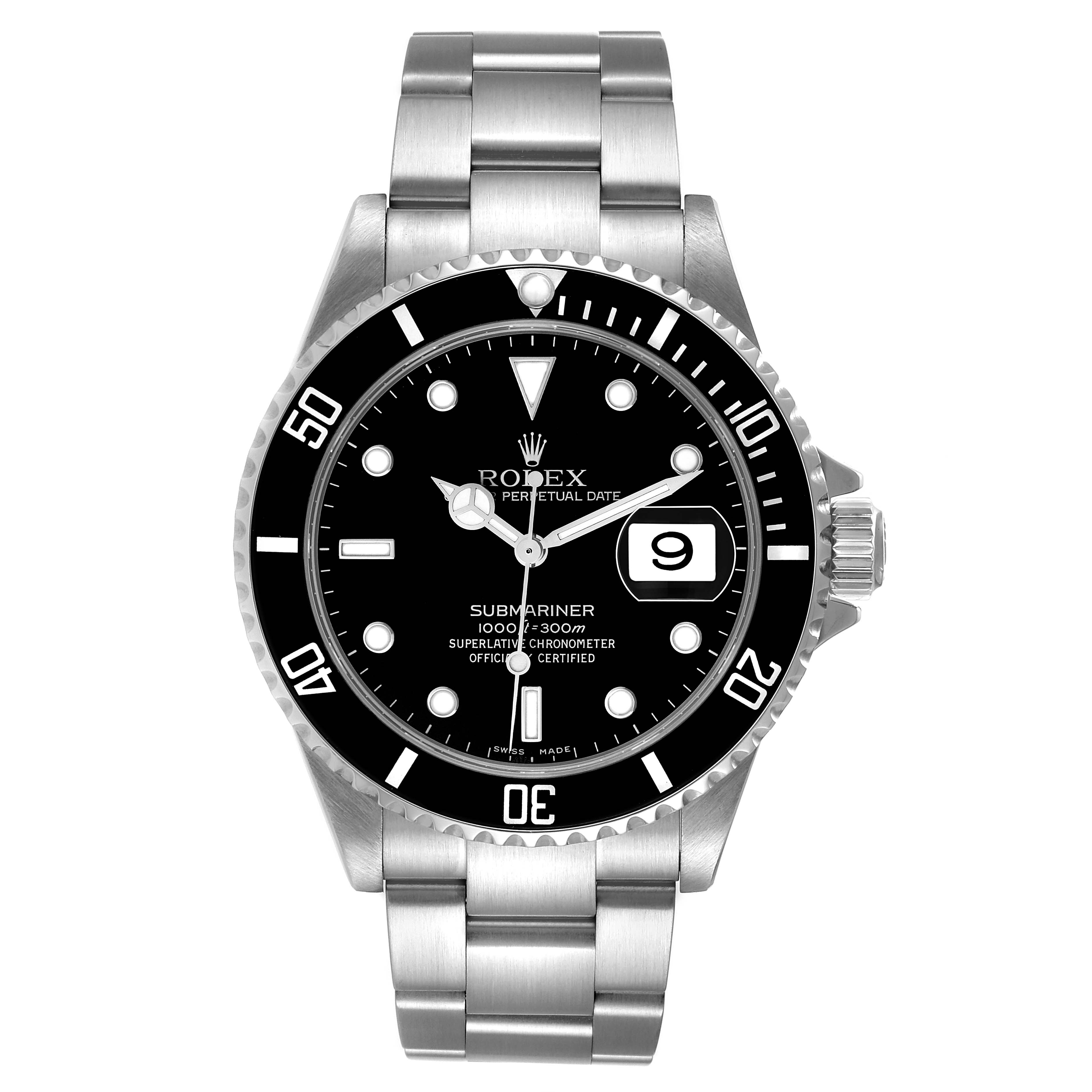 The image shows a front view of a Rolex Submariner 16610 Men
s Stainless Steel Black Dial 16610 Men
s Stainless Steel Black Dial watch, displaying the dial, bezel, bracelet, and crown prominently.