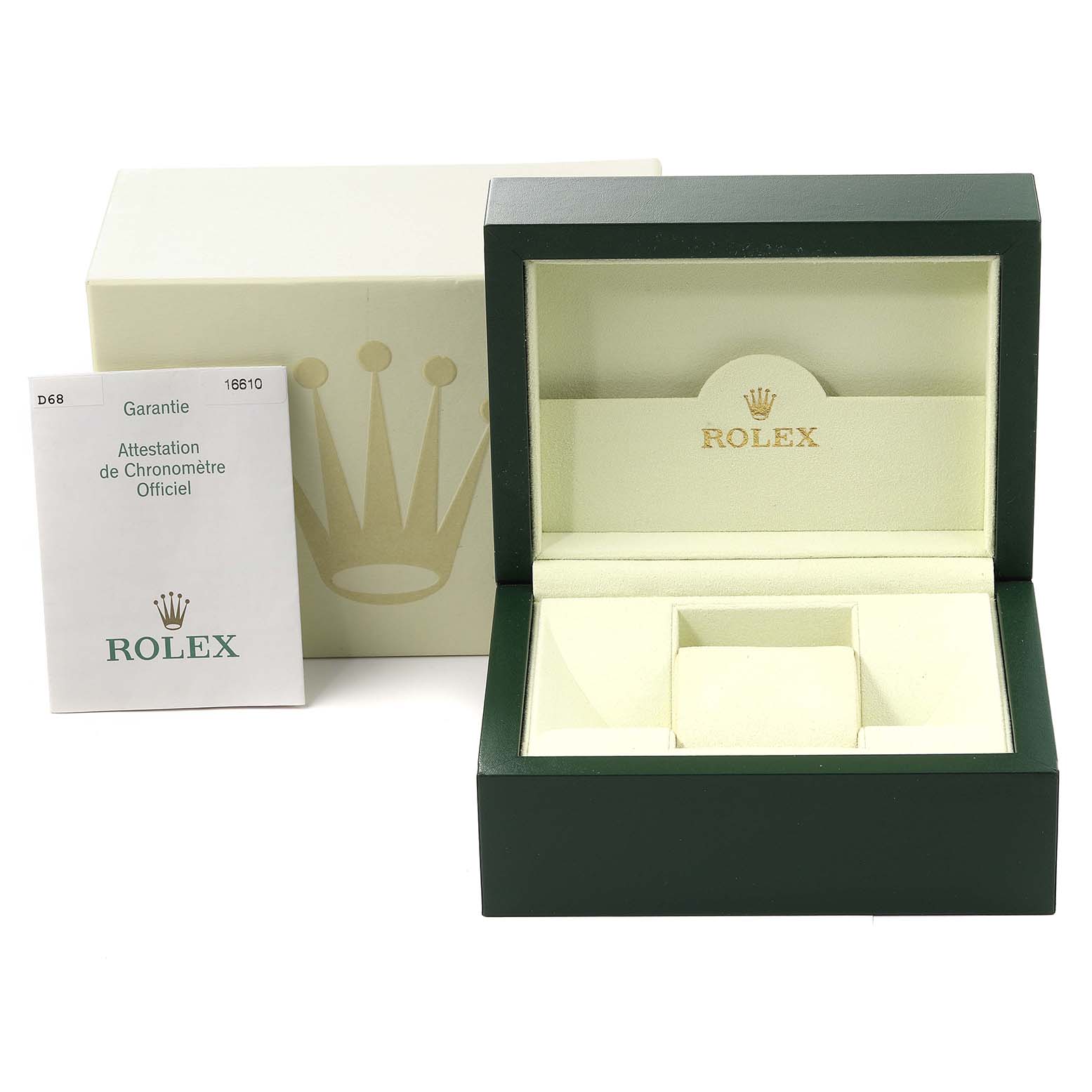 The image shows the packaging and warranty card for a Rolex Submariner 16610 Men
s Stainless Steel Black Dial 16610 Men
s Stainless Steel Black Dial, including an open green box and a white booklet.