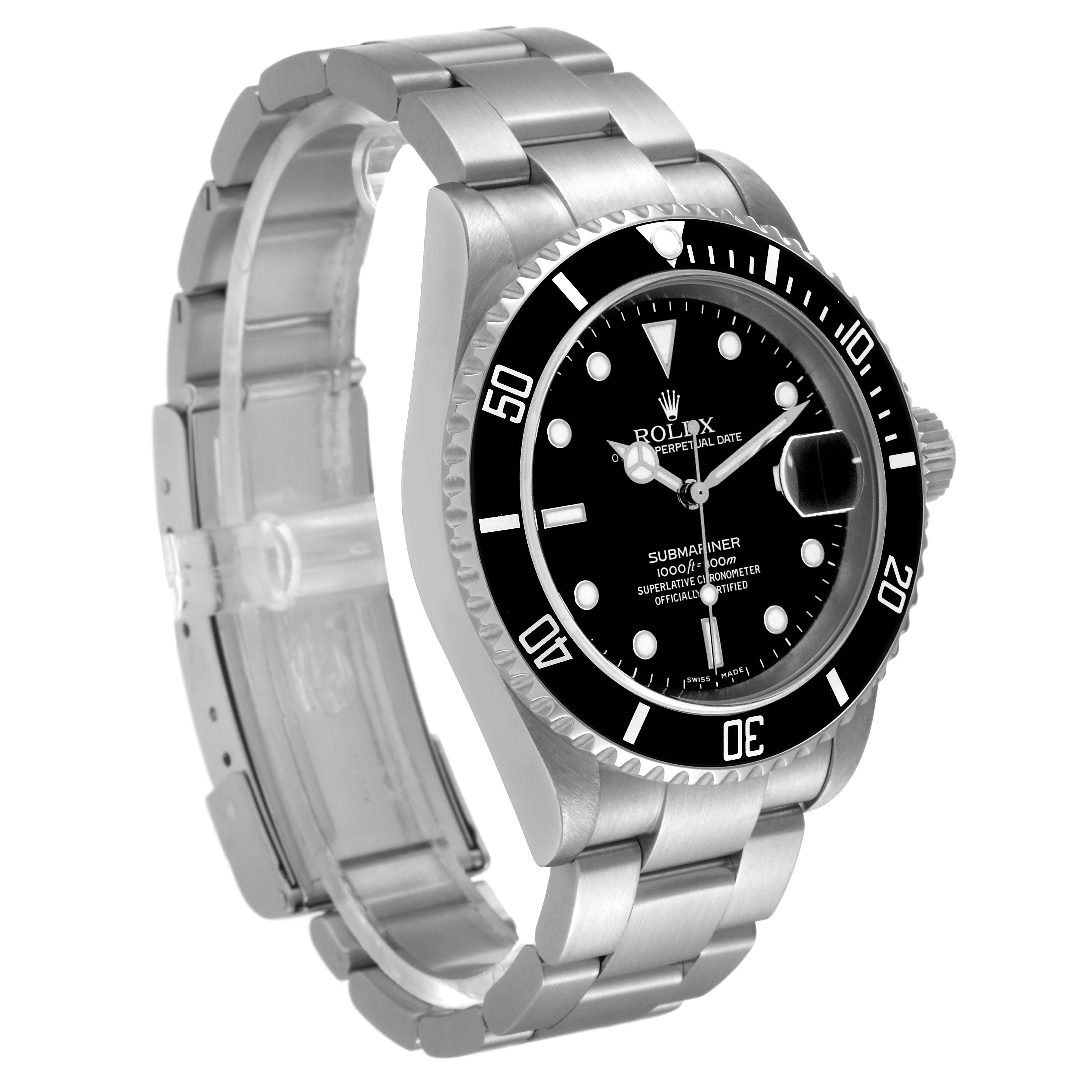 The Rolex Submariner 16610 Men
s Stainless Steel Black Dial 16610 Men
s Stainless Steel Black Dial watch shown is angled to display the face, bezel, and bracelet.