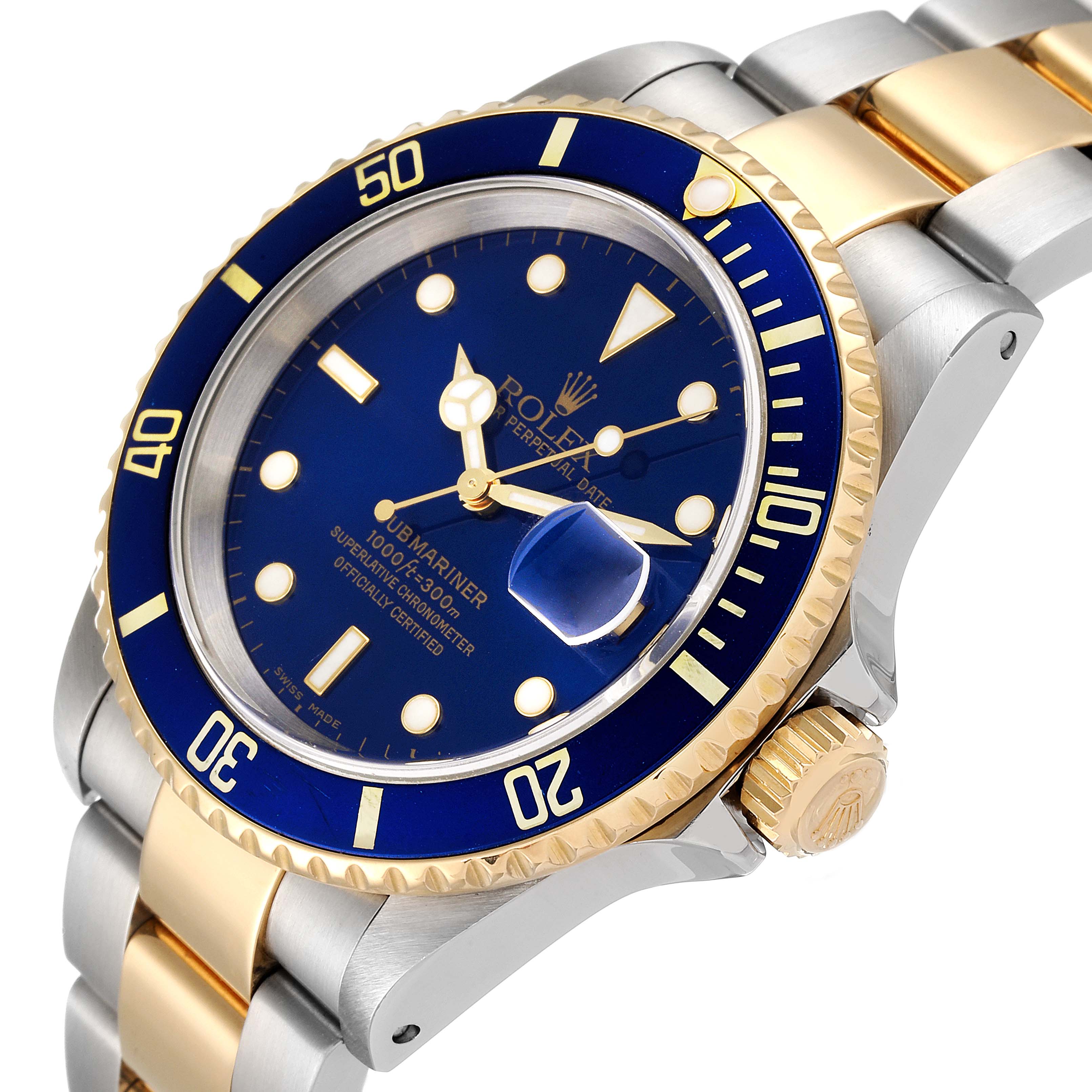 This image shows a close-up angle of the Rolex Submariner 16613 Men
s Steel and Gold (two tone) Blue Dial 16613 Men
s Steel and Gold (two tone) Blue Dial, highlighting its blue dial, bezel, crown, and two-tone bracelet.
