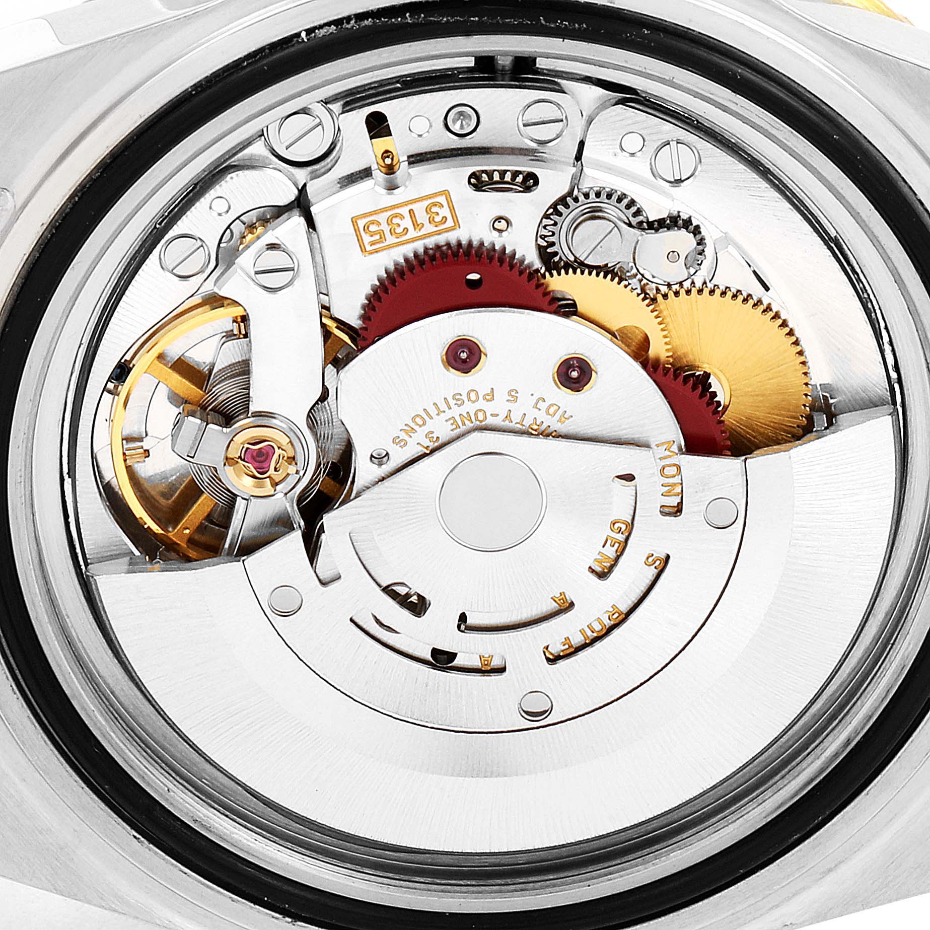 The image shows the intricate internal mechanism of a Rolex Submariner 16613 Men
s Steel and Gold (two tone) Blue Dial 16613 Men
s Steel and Gold (two tone) Blue Dial watch from a close-up, top-down angle.