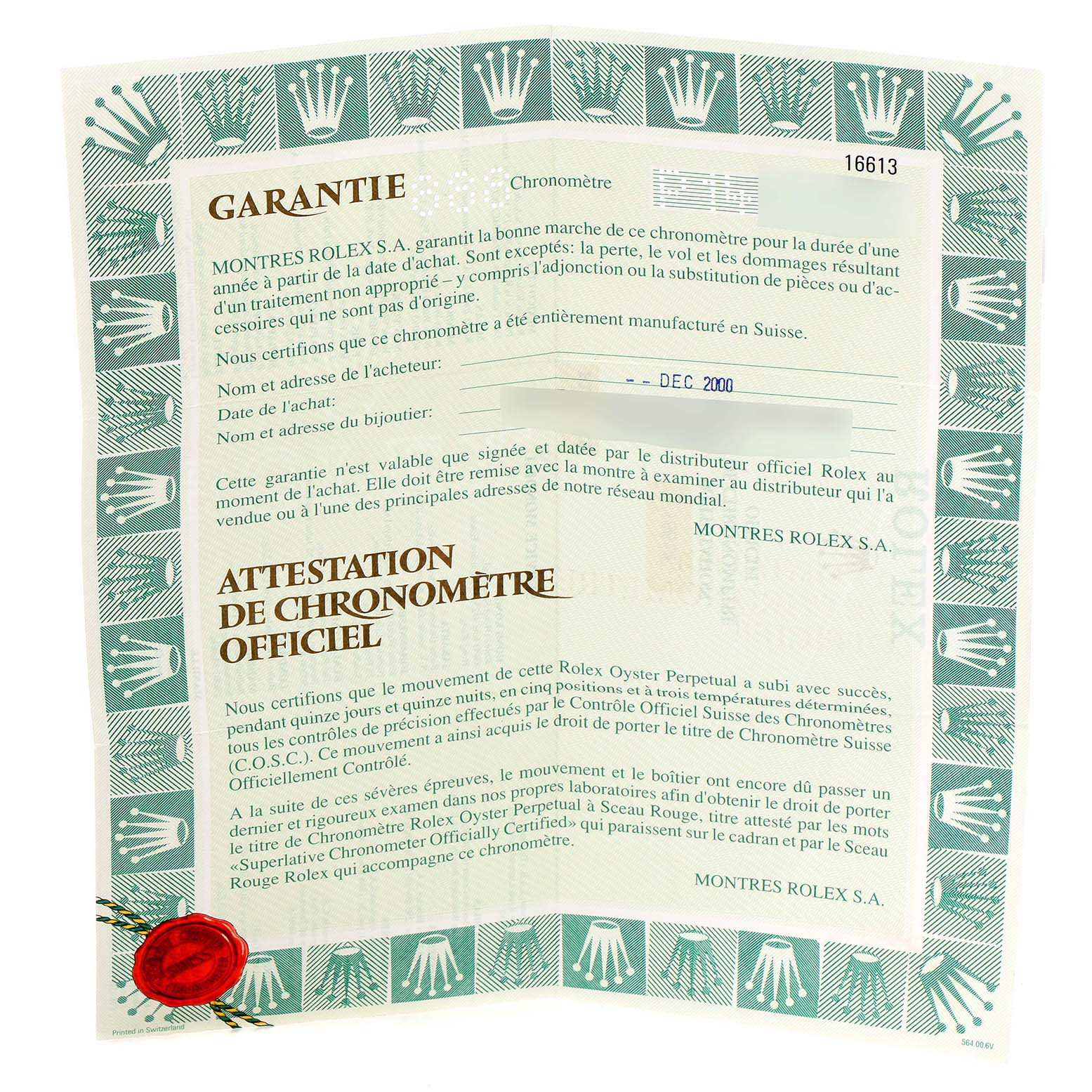 The image shows a Rolex Submariner 16613 Men
s Steel and Gold (two tone) Blue Dial 16613 Men
s Steel and Gold (two tone) Blue Dial warranty card and official chronometer certificate, photographed from the front.