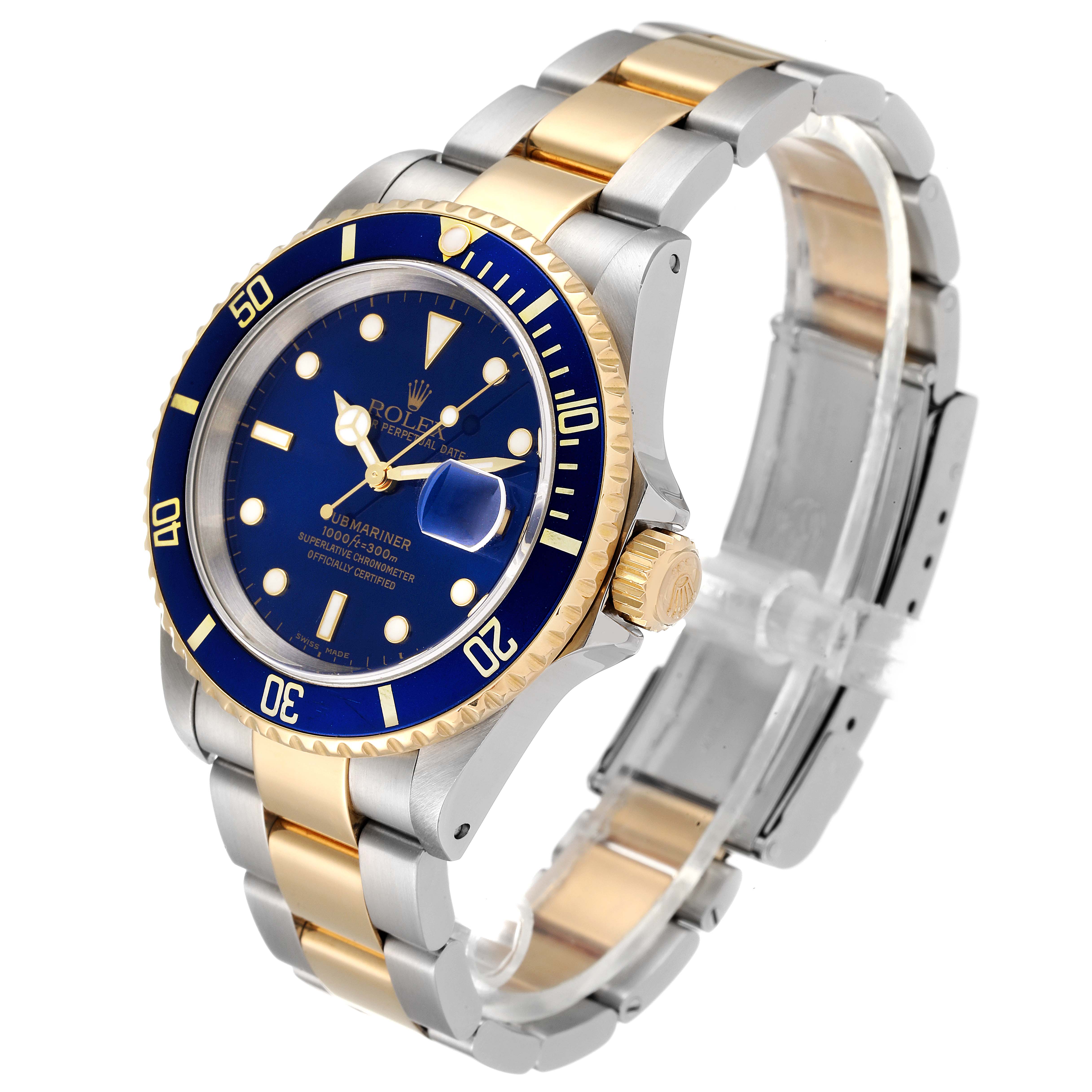 This image shows a Rolex Submariner 16613 Men
s Steel and Gold (two tone) Blue Dial 16613 Men
s Steel and Gold (two tone) Blue Dial watch at an angled side view, displaying its blue dial, bezel, and two-tone stainless steel and gold bracelet.