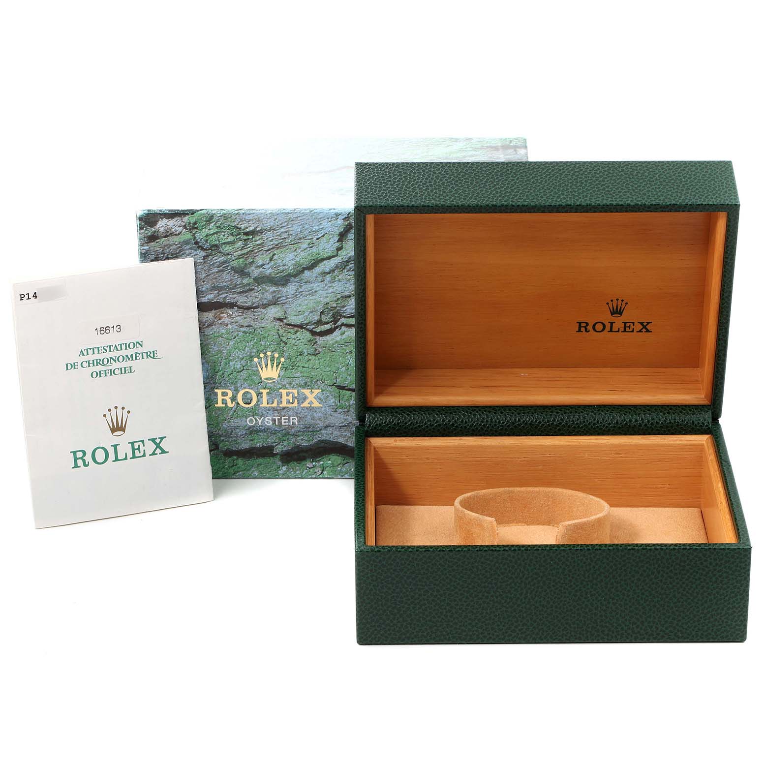 This image shows the box, outer packaging, and documentation for a Rolex Submariner 16613 Men
s Steel and Gold (two tone) Blue Dial 16613 Men
s Steel and Gold (two tone) Blue Dial watch.