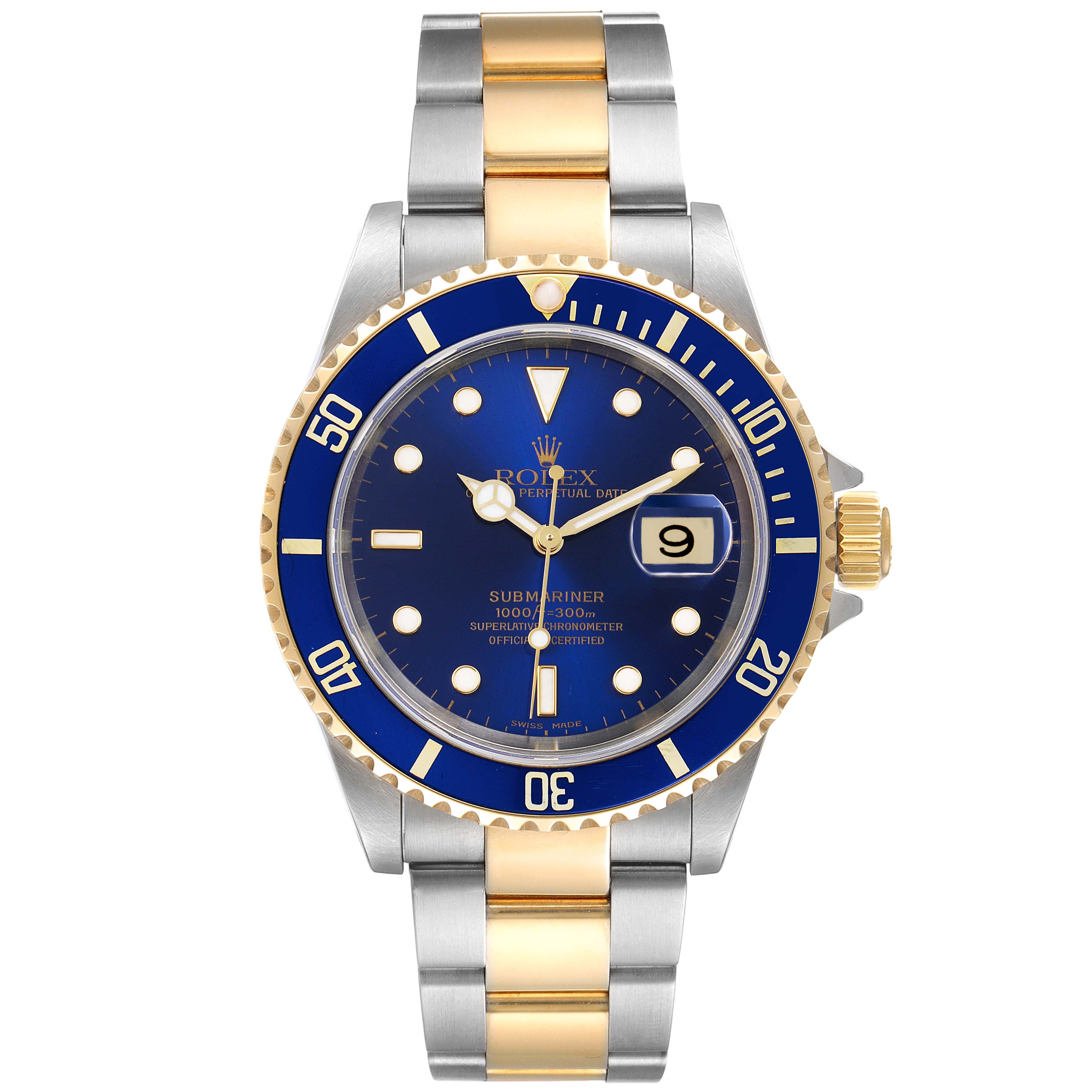 The Rolex Submariner 16613 Men
s Steel and Gold (two tone) Blue Dial 16613 Men
s Steel and Gold (two tone) Blue Dial watch is shown from a top-down angle, displaying the face, bezel, and part of the bracelet.