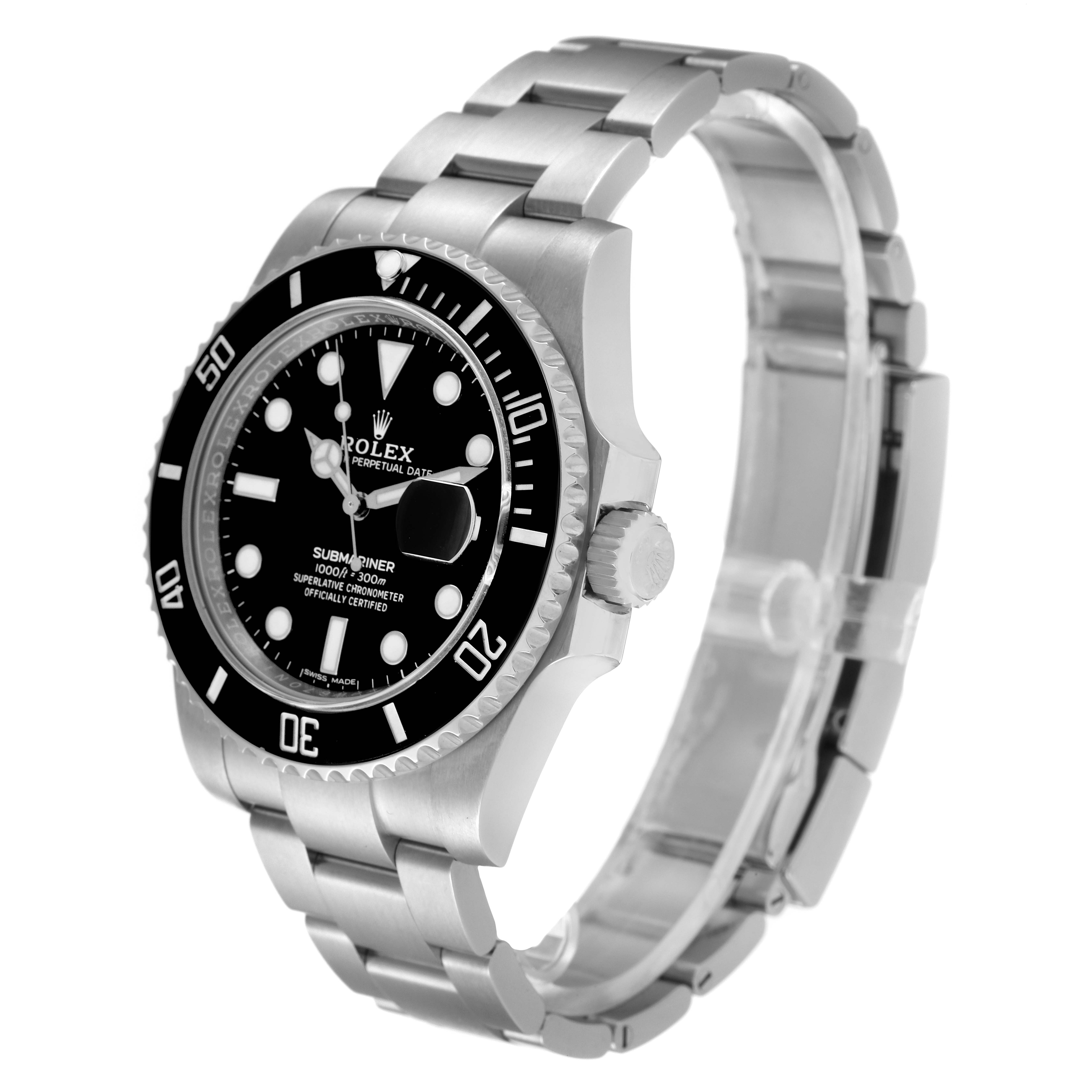 The Rolex Submariner 116610 Men's Stainless Steel Black Dial watch is shown at a three-quarter angle, displaying the bezel, dial, crown, and part of the bracelet.