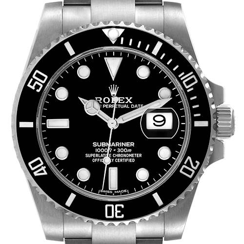 The Rolex Submariner 116610 Men's Stainless Steel Black Dial watch is shown from the front, highlighting the dial, bezel, and part of the bracelet.