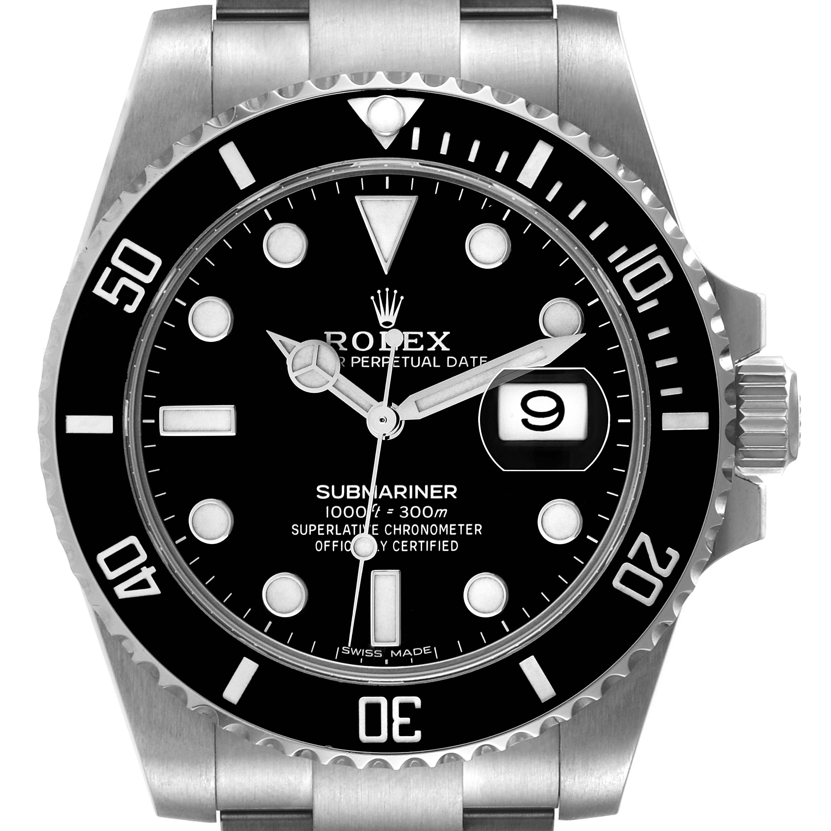 The Rolex Submariner 116610 Men's Stainless Steel Black Dial watch is shown from the front, displaying the dial, bezel, and part of the bracelet.