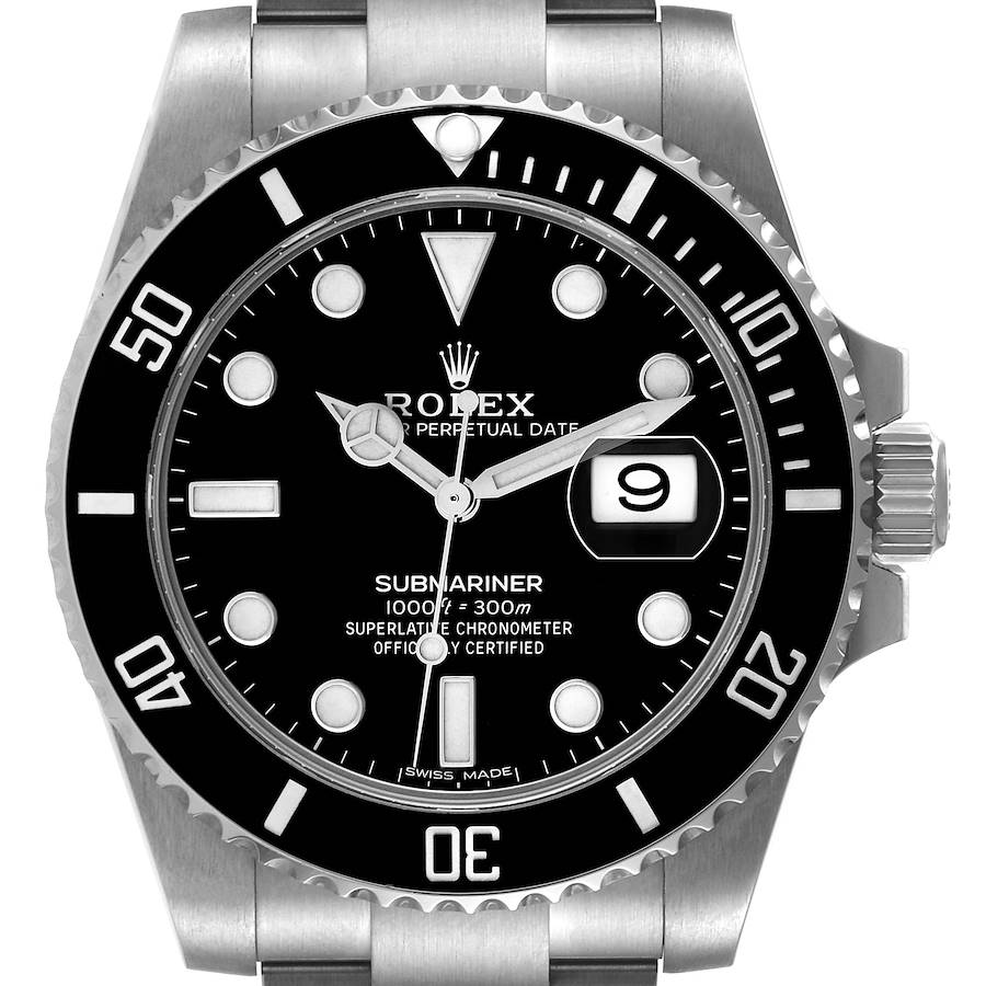 The Rolex Submariner 116610 Men's Stainless Steel Black Dial watch is shown from the front, displaying the dial, bezel, and part of the bracelet.