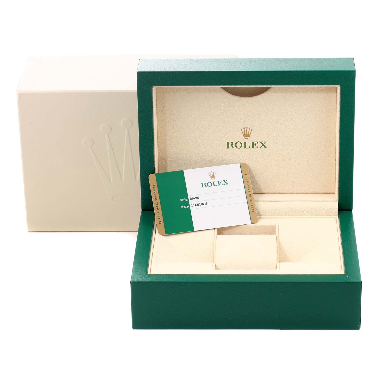 The image shows a Rolex Submariner 116610 Men's Stainless Steel Black Dial watch box, warranty card, and packaging, viewed from the front.