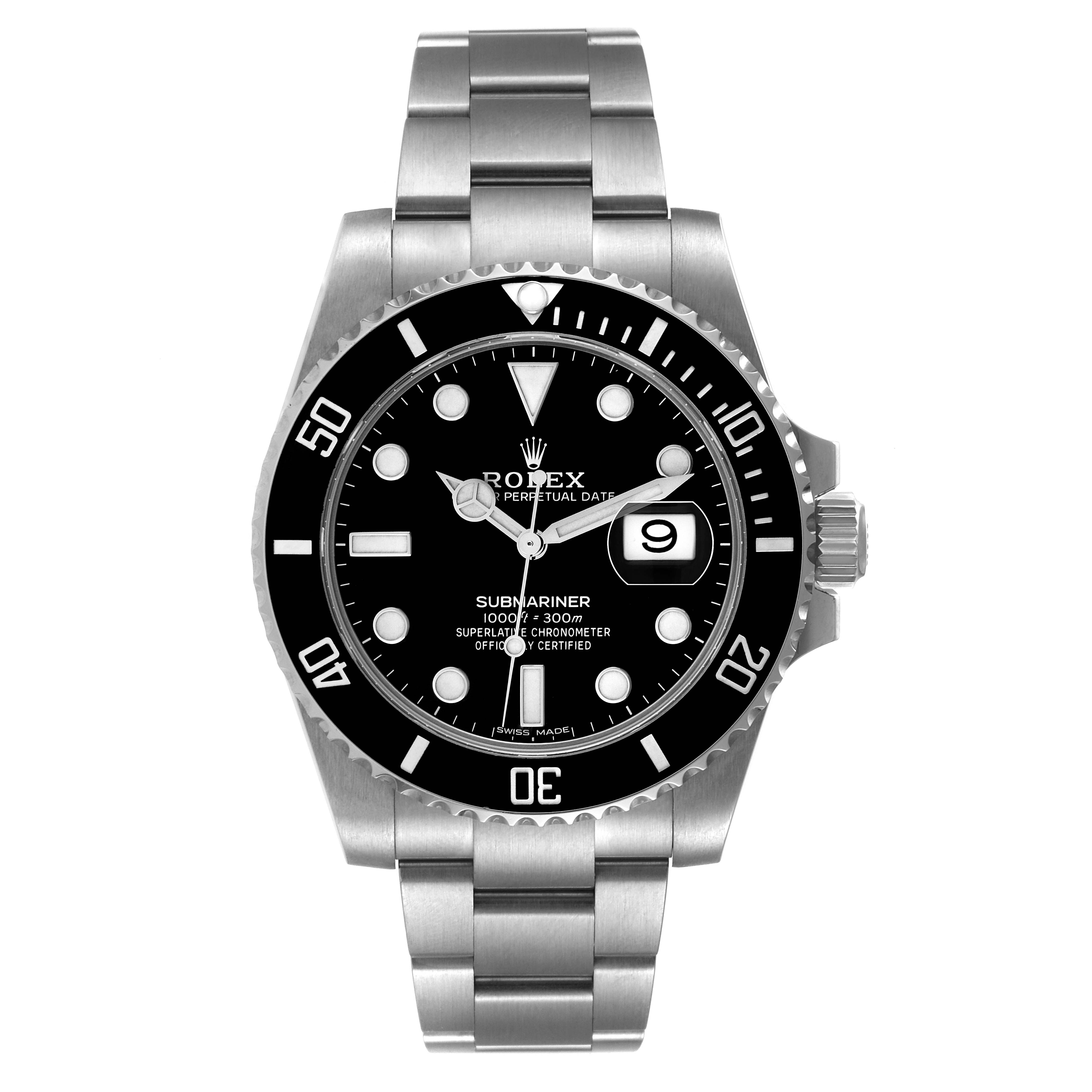 The image shows a front view of the Rolex Submariner 116610 Men's Stainless Steel Black Dial, displaying the dial, bezel, crown, and bracelet.