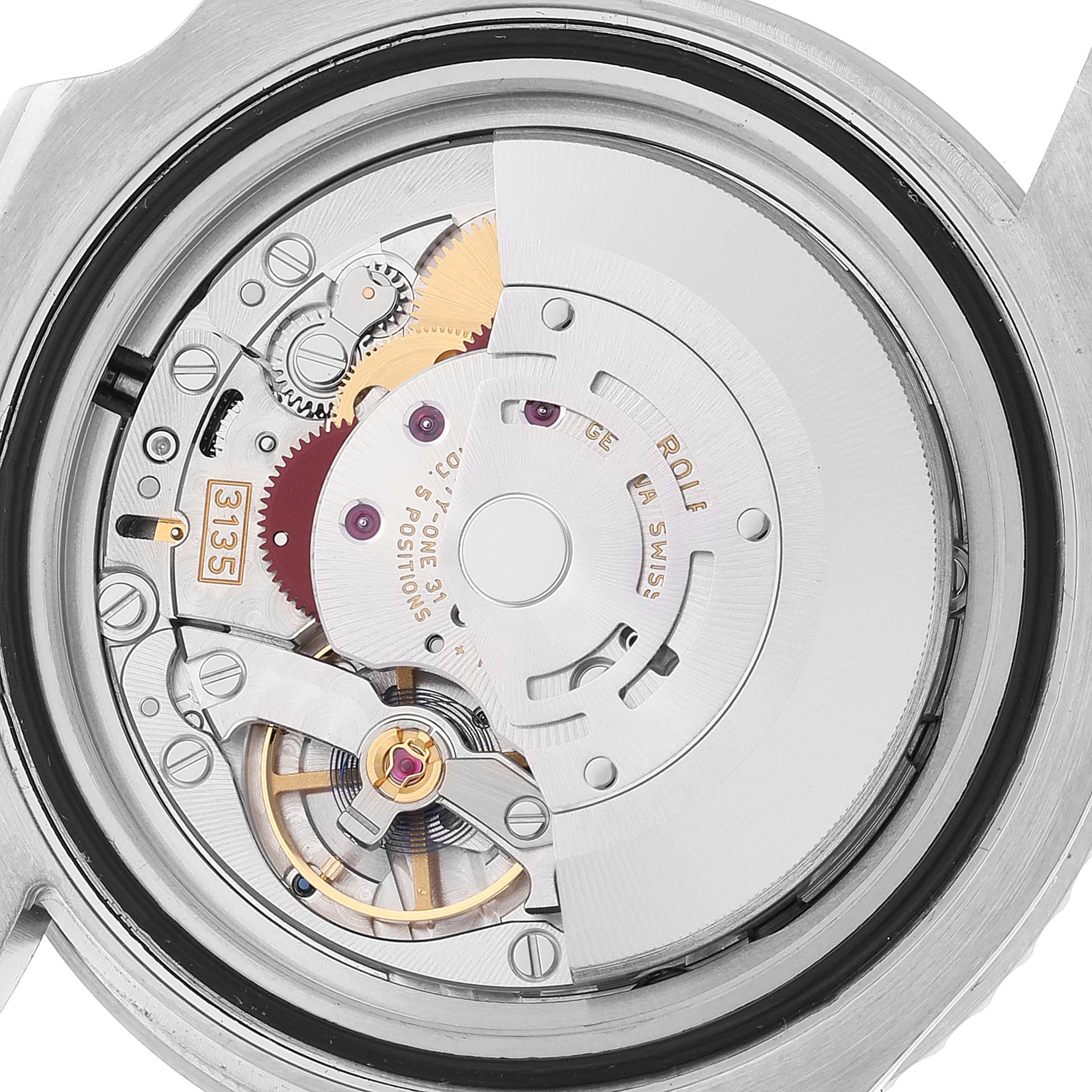 The image shows the movement of a Rolex Submariner 116610 Men's Stainless Steel Black Dial watch, highlighting gears and the rotor from a rear view.