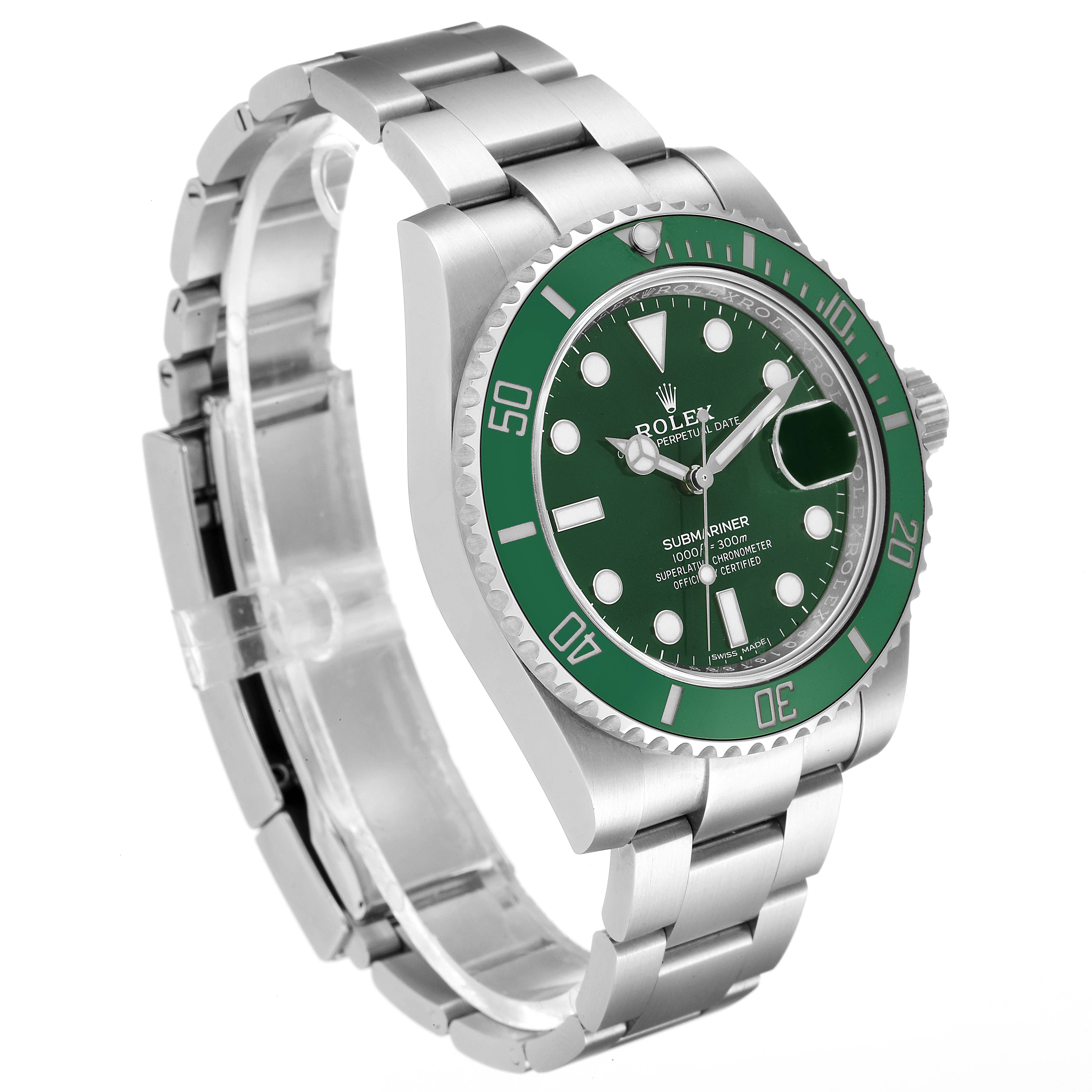 This image shows a side-angle view of a Rolex Submariner 116610LV Men
s Stainless Steel Green Dial 116610LV Men
s Stainless Steel Green Dial with a green bezel and dial, highlighting the bracelet and crown.