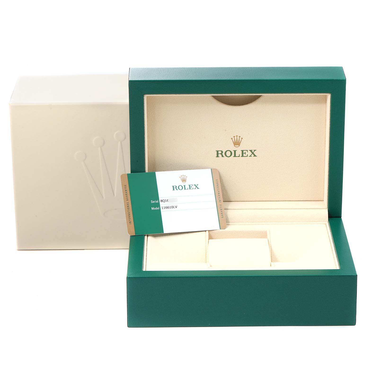 The image shows the open box and warranty card for a Rolex Submariner 116610LV Men
s Stainless Steel Green Dial 116610LV Men
s Stainless Steel Green Dial model.