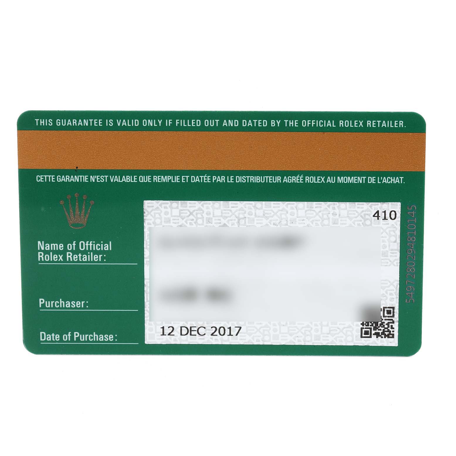 This image shows the guarantee card for a Rolex Submariner 116610LV Men
s Stainless Steel Green Dial 116610LV Men
s Stainless Steel Green Dial, featuring purchase details and retailer information.