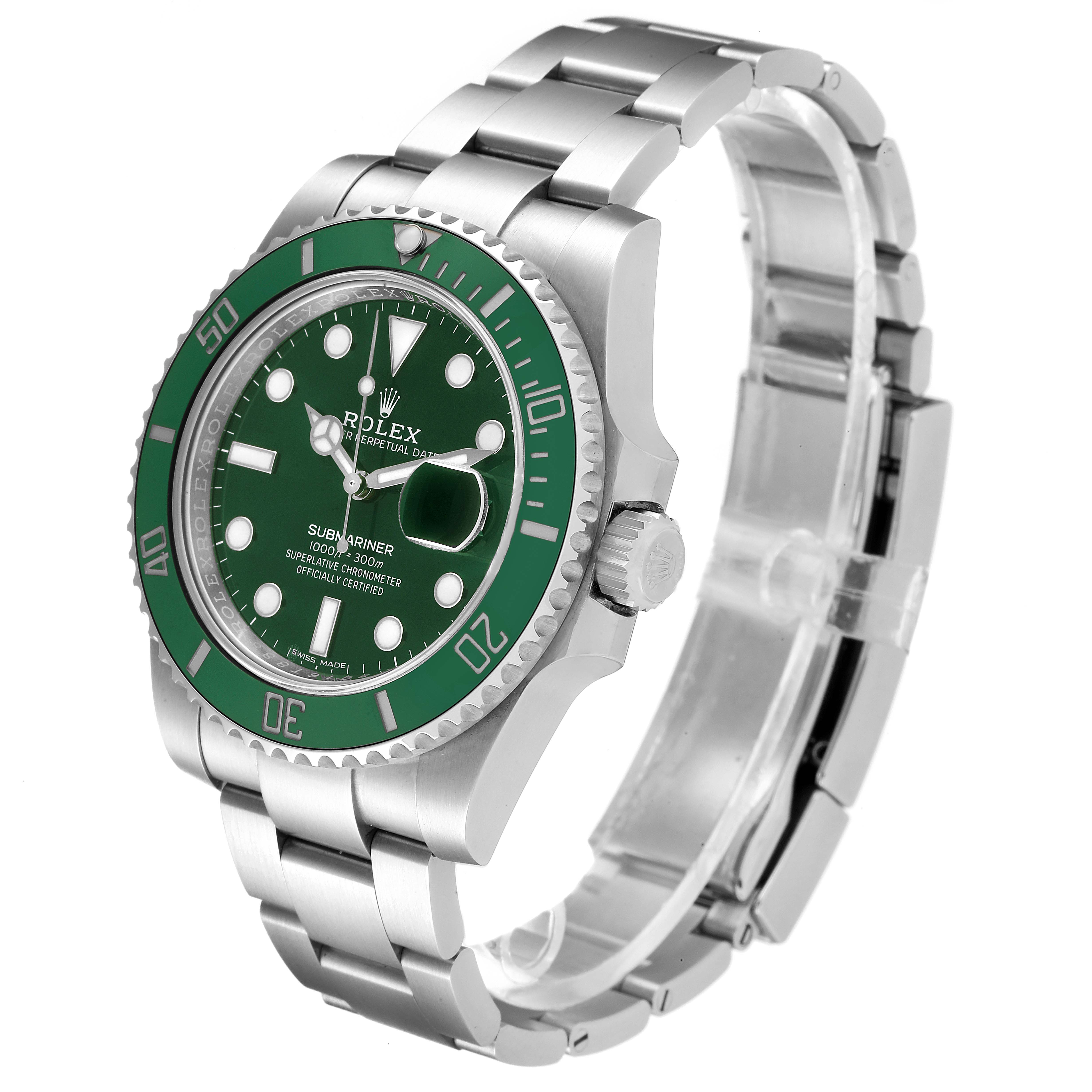 The image shows a Rolex Submariner 116610LV Men
s Stainless Steel Green Dial 116610LV Men
s Stainless Steel Green Dial watch at an angle, displaying its face, bezel, and stainless steel bracelet.