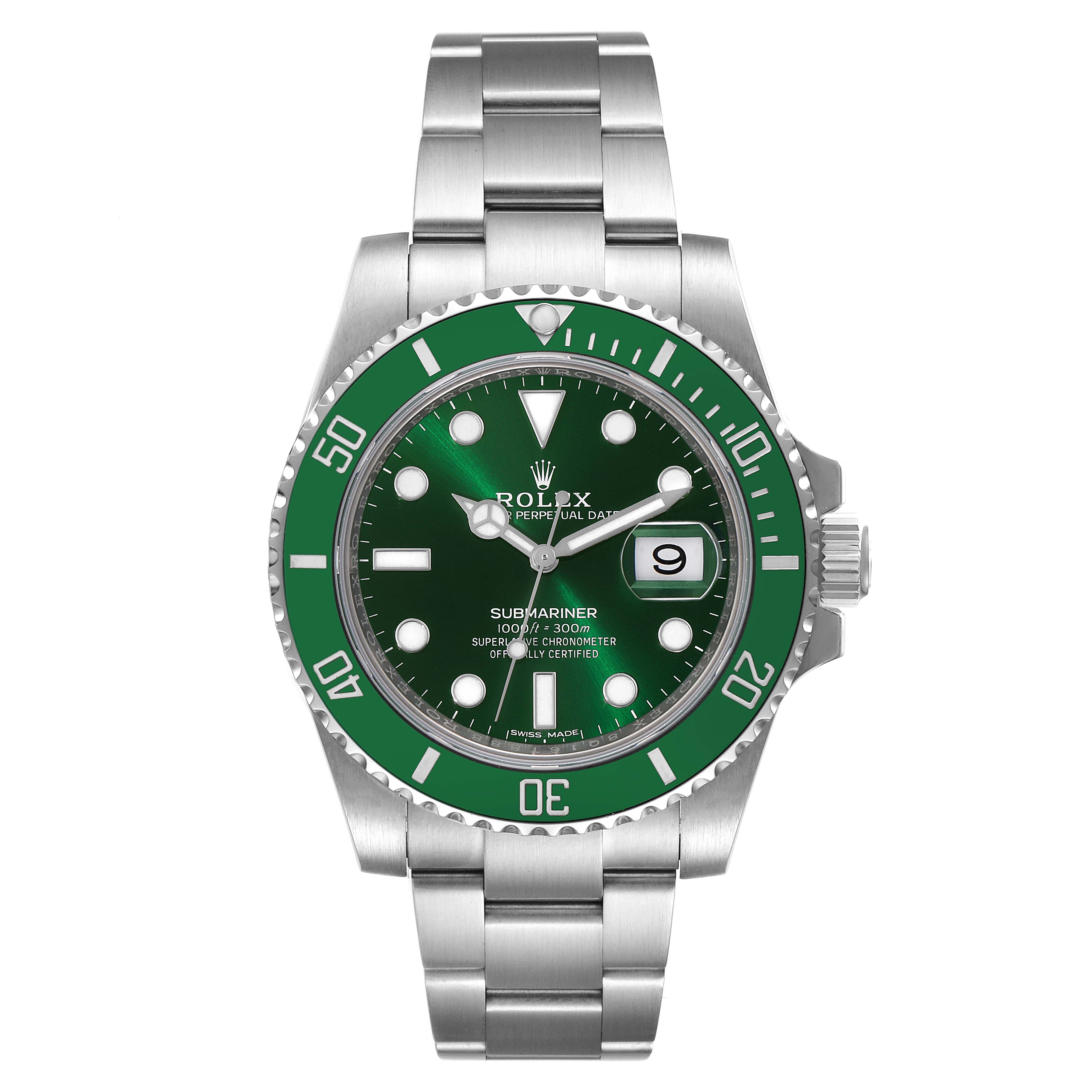 This image shows a front view of the Rolex Submariner 116610LV Men
s Stainless Steel Green Dial 116610LV Men
s Stainless Steel Green Dial watch, highlighting its green dial, bezel, and stainless steel bracelet.