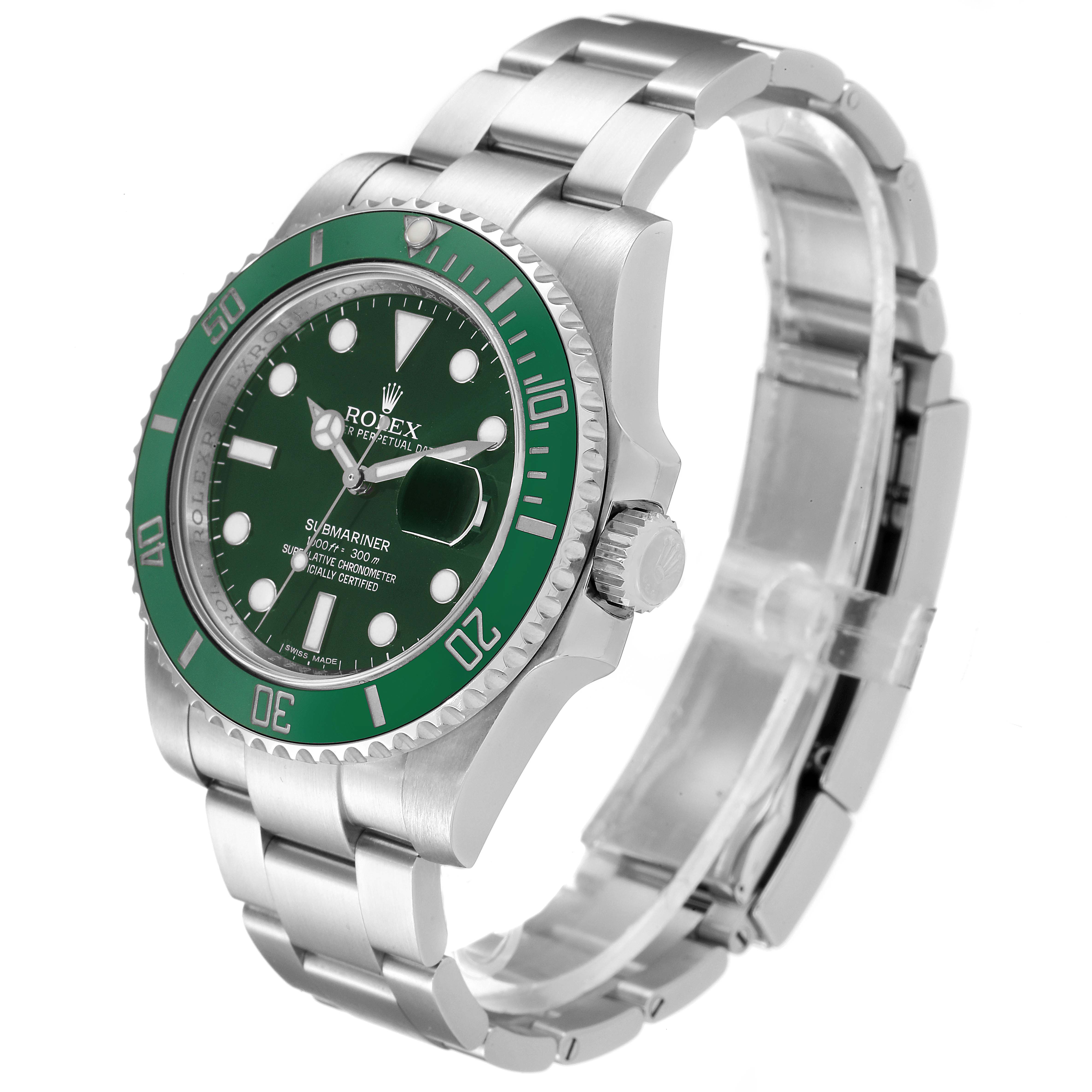 The image shows a Rolex Submariner 116610LV Men
s Stainless Steel Green Dial 116610LV Men
s Stainless Steel Green Dial watch at a slight angle, featuring the face, bezel, crown, and part of the bracelet.