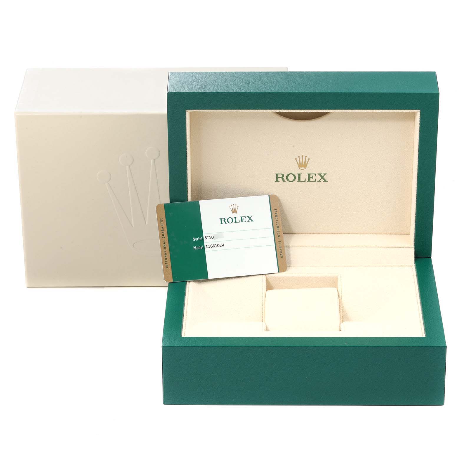 The image shows the packaging for a Rolex Submariner 116610LV Men
s Stainless Steel Green Dial 116610LV Men
s Stainless Steel Green Dial, including the inner green box and outer cream box, along with a warranty card.