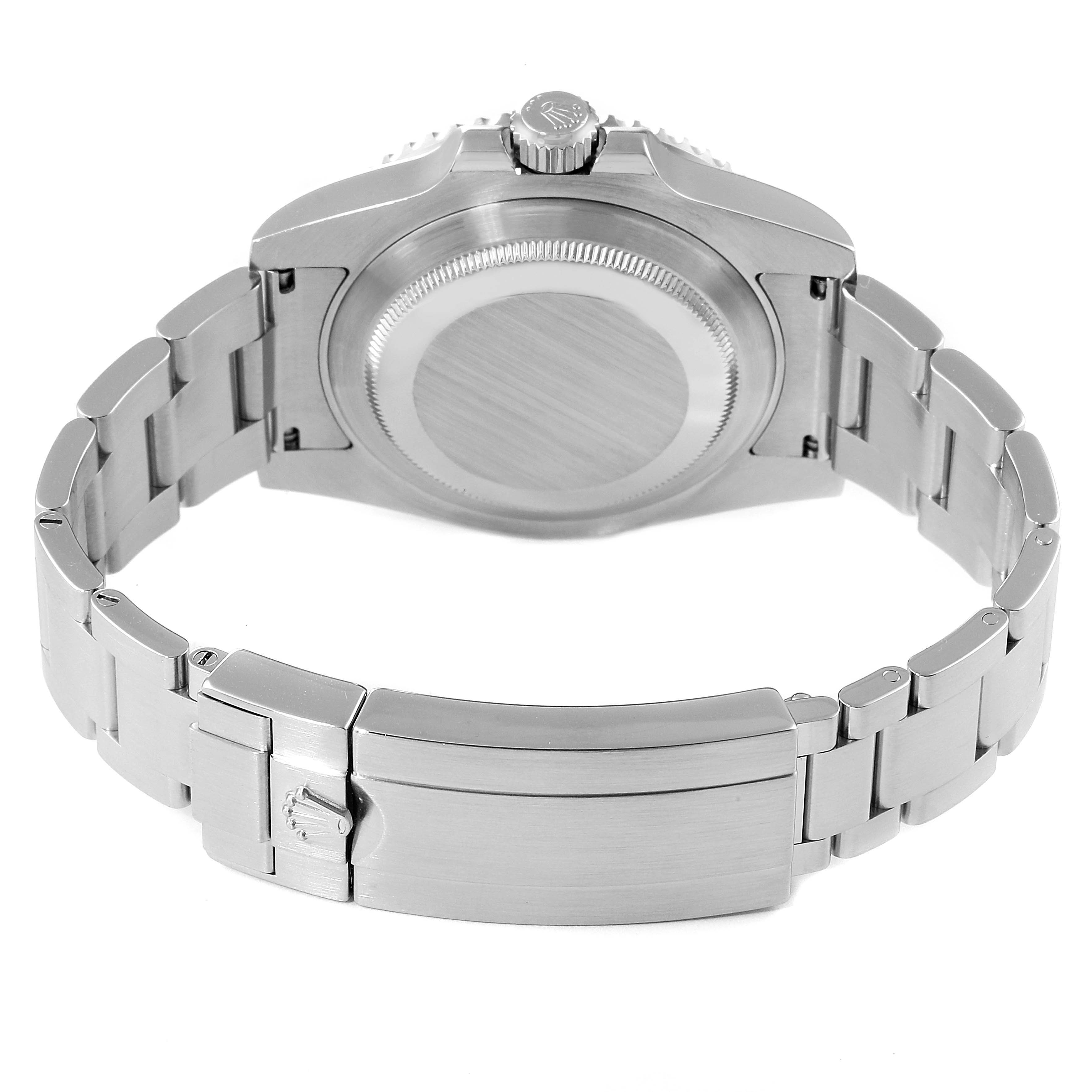 This image shows the back view of a Rolex Submariner 116610LV Men
s Stainless Steel Green Dial 116610LV Men
s Stainless Steel Green Dial, highlighting the case back and the bracelet clasp.