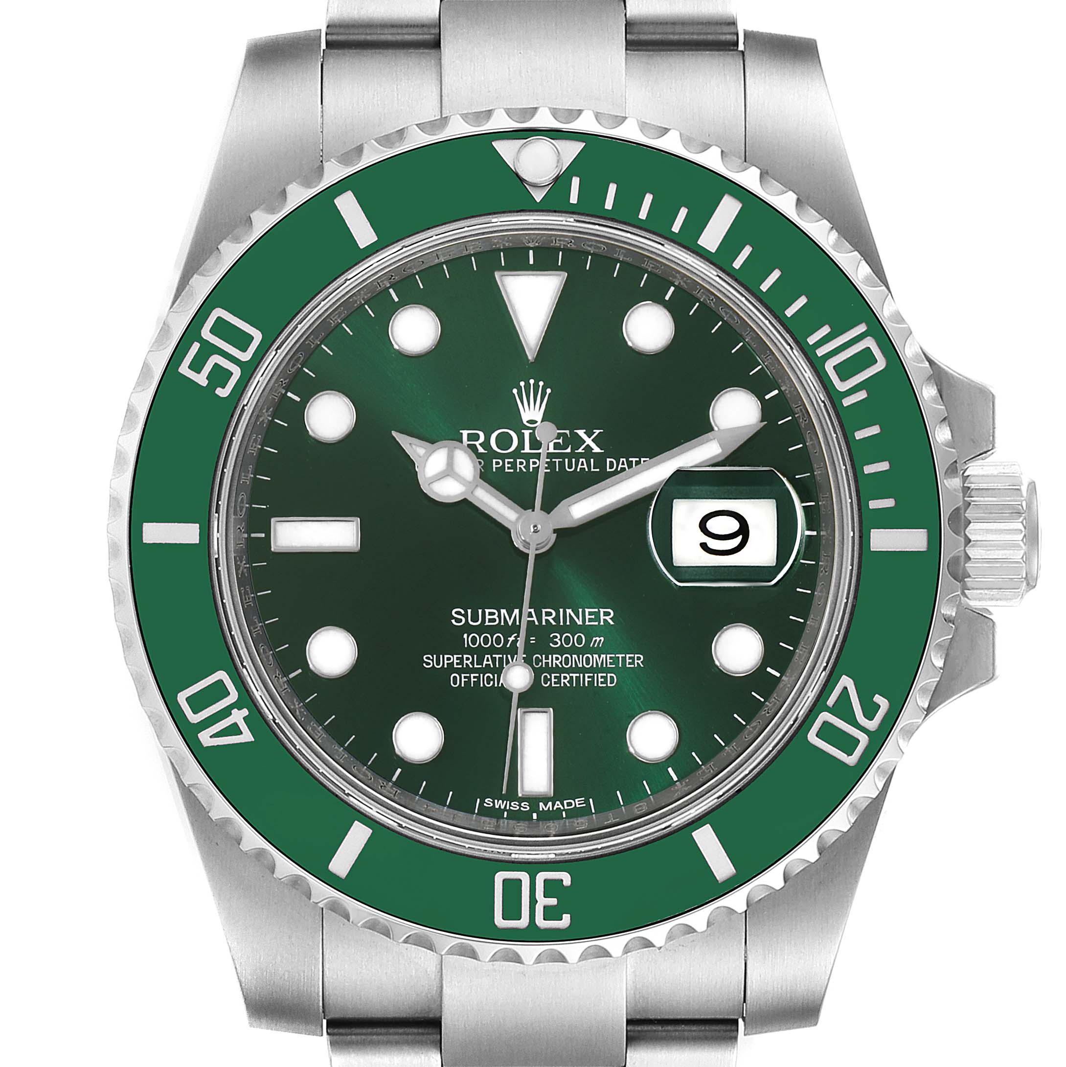 The image shows a front view of a Rolex Submariner 116610LV Men
s Stainless Steel Green Dial 116610LV Men
s Stainless Steel Green Dial watch featuring a green bezel and dial with a date window.