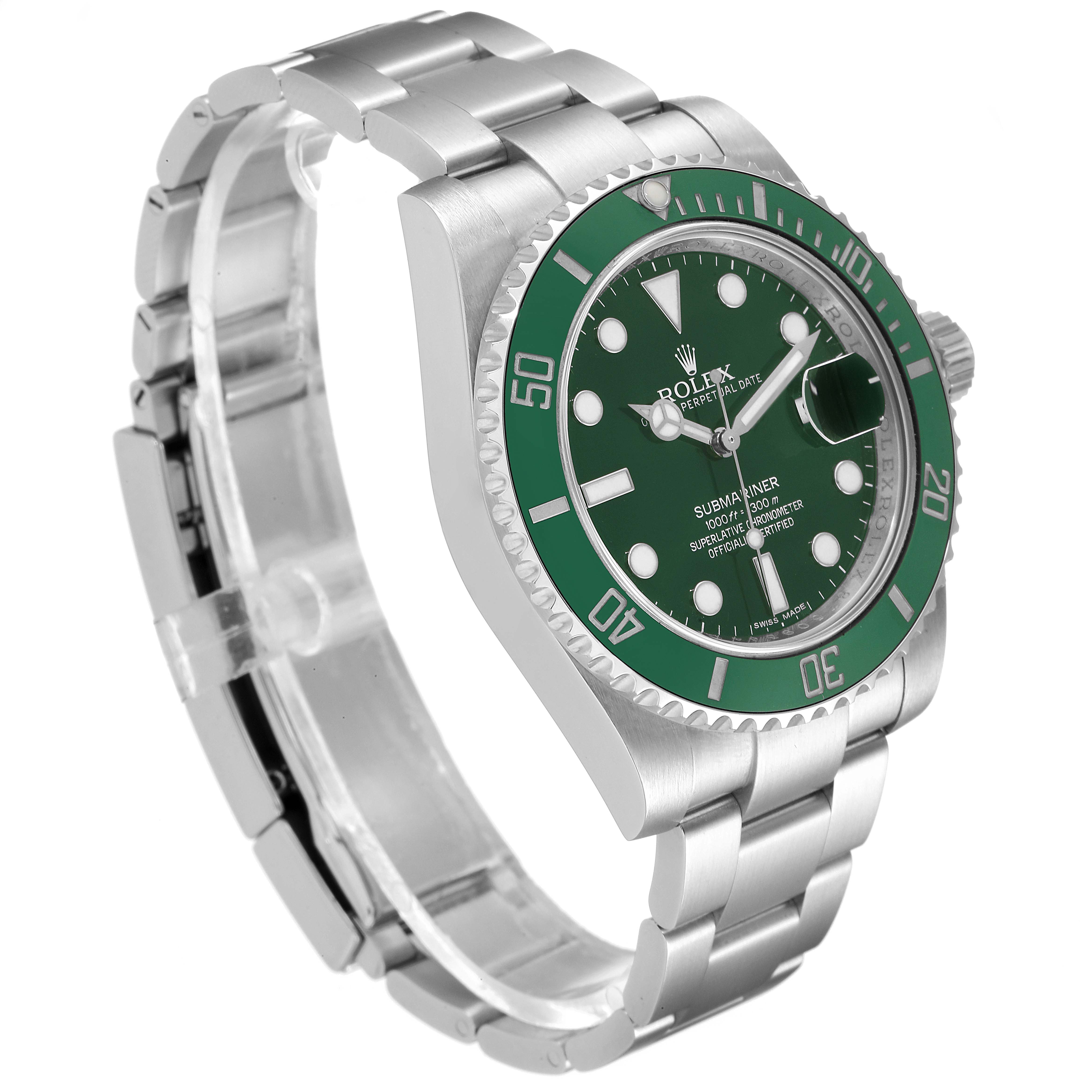 The image shows a side and front view of a Rolex Submariner 116610LV Men
s Stainless Steel Green Dial 116610LV Men
s Stainless Steel Green Dial watch showcasing its green bezel, dial, and metal bracelet.