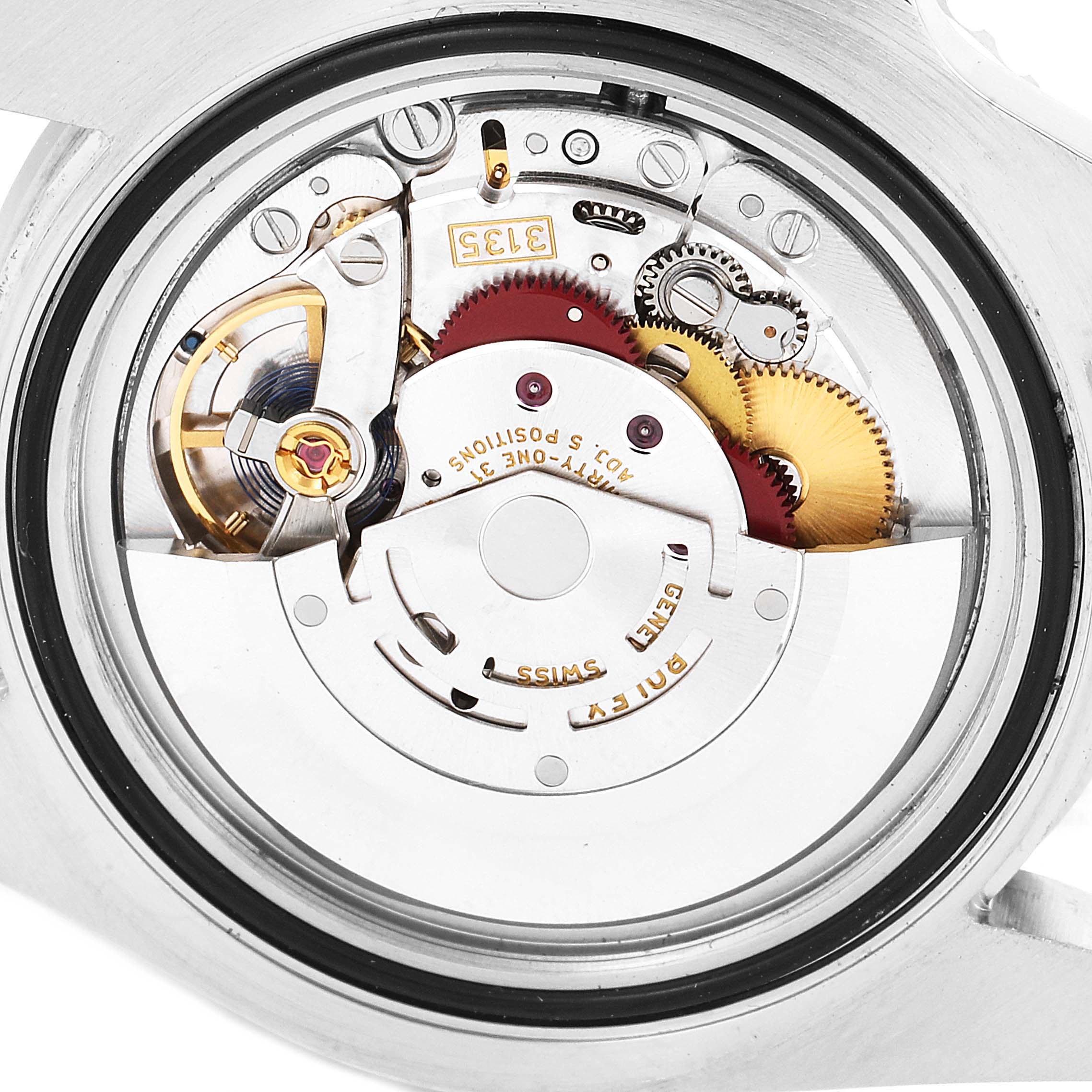 This image shows the inner mechanical movement of a Rolex Submariner 116610LV Men
s Stainless Steel Green Dial 116610LV Men
s Stainless Steel Green Dial watch from a close-up angle.
