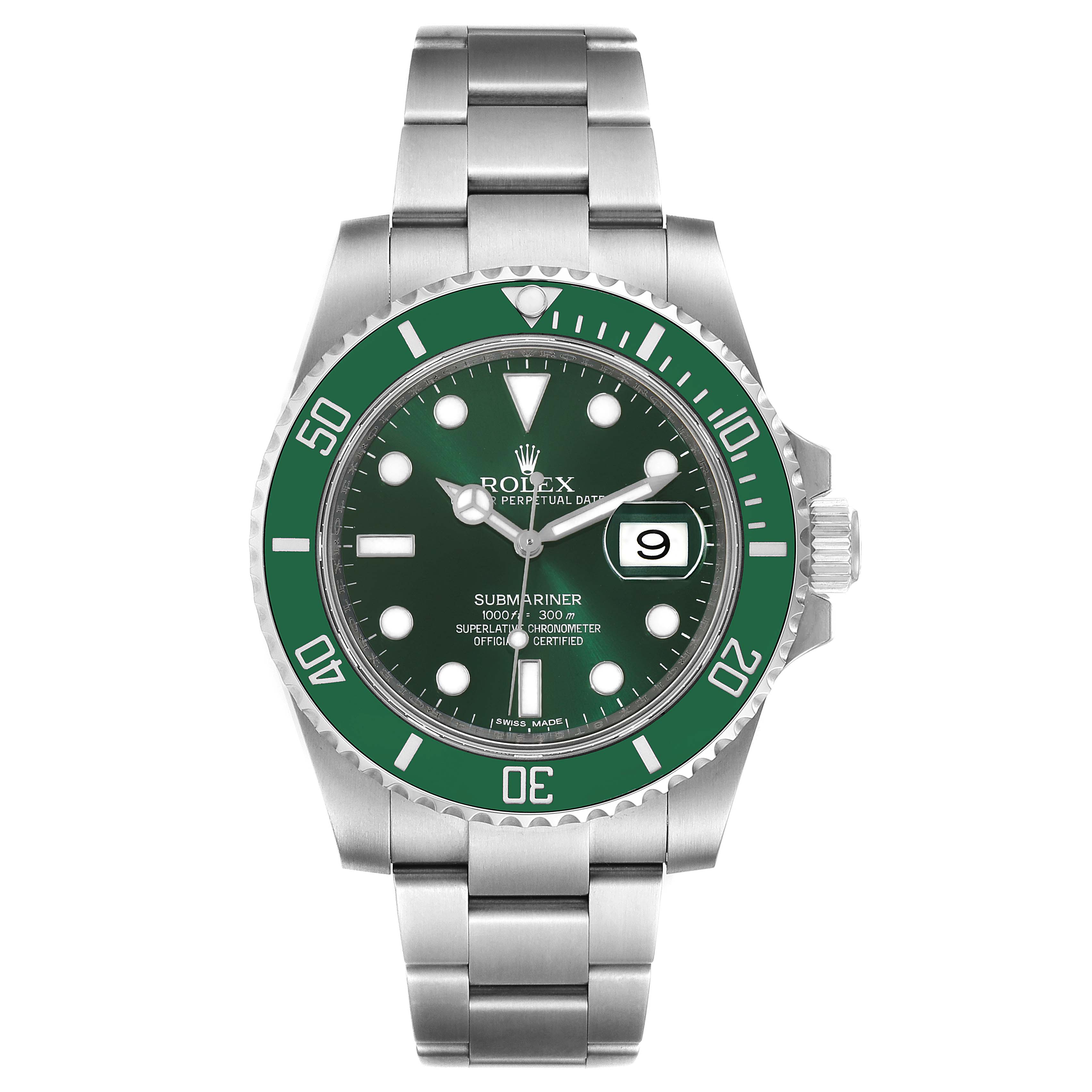 The Rolex Submariner 116610LV Men
s Stainless Steel Green Dial 116610LV Men
s Stainless Steel Green Dial watch is shown from the front, displaying its green bezel, dial, bracelet, and date window at 3 o
clock.