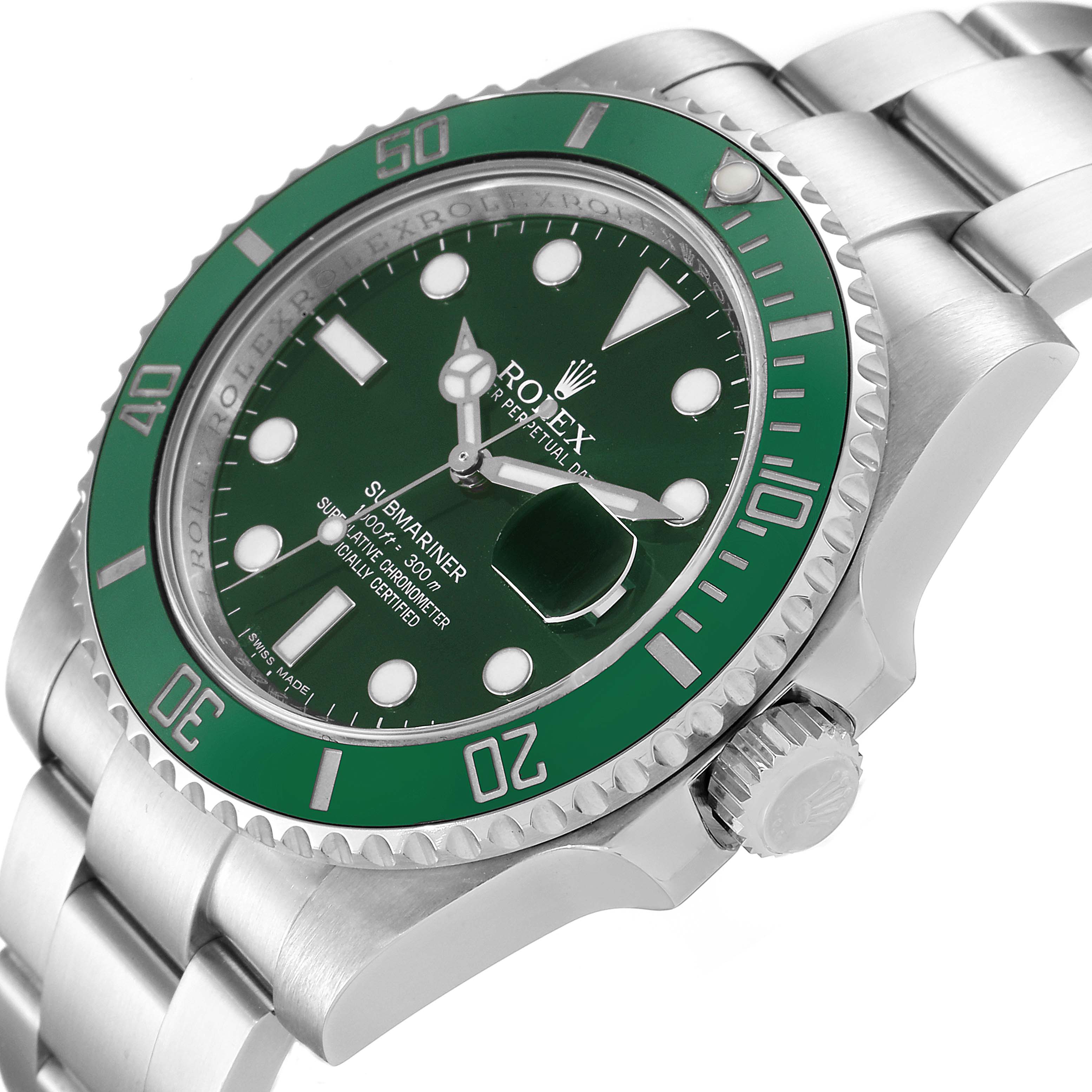 The image shows a side-angle view of the Rolex Submariner 116610LV Men
s Stainless Steel Green Dial 116610LV Men
s Stainless Steel Green Dial watch, highlighting its green bezel, dial, and crown.