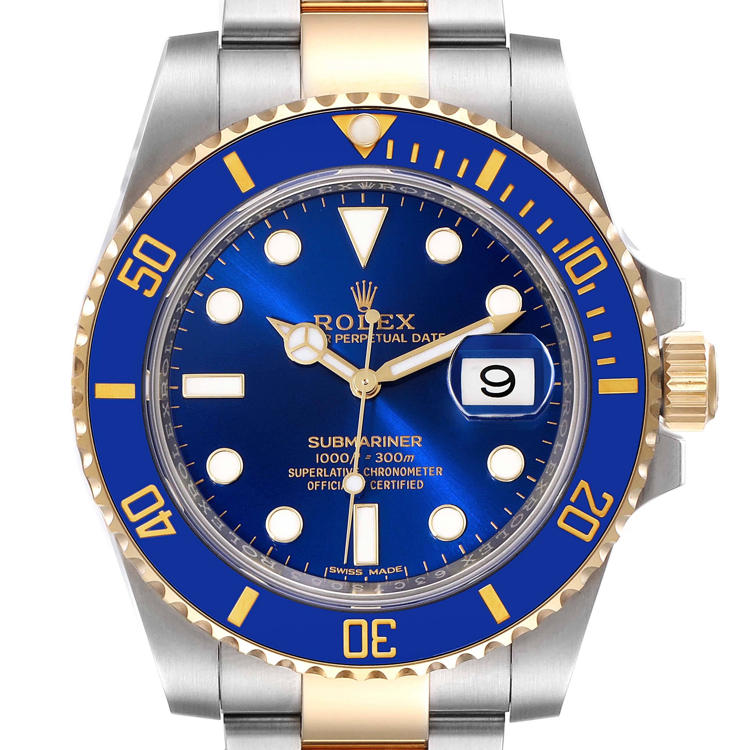 This Rolex Submariner 116613 Men's Steel and Gold (two tone) Blue Dial 116613 Men's Steel and Gold (two tone) Blue Dial watch is shown from the front, highlighting its blue dial, bezel, and two-tone metal bracelet.