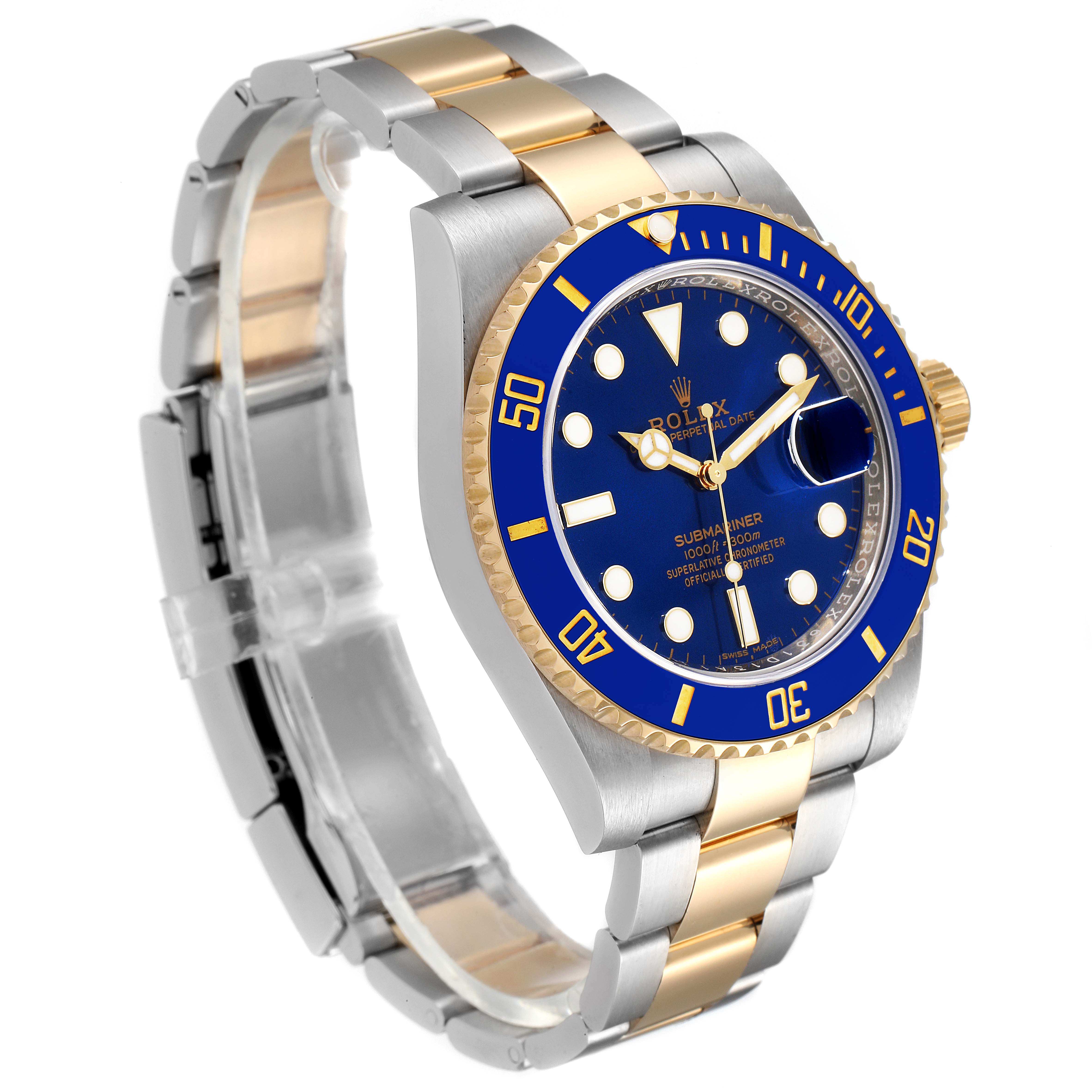 The Rolex Submariner 116613 Men's Steel and Gold (two tone) Blue Dial 116613 Men's Steel and Gold (two tone) Blue Dial watch is shown from an angled side view, highlighting its blue dial, bezel, and two-tone bracelet.