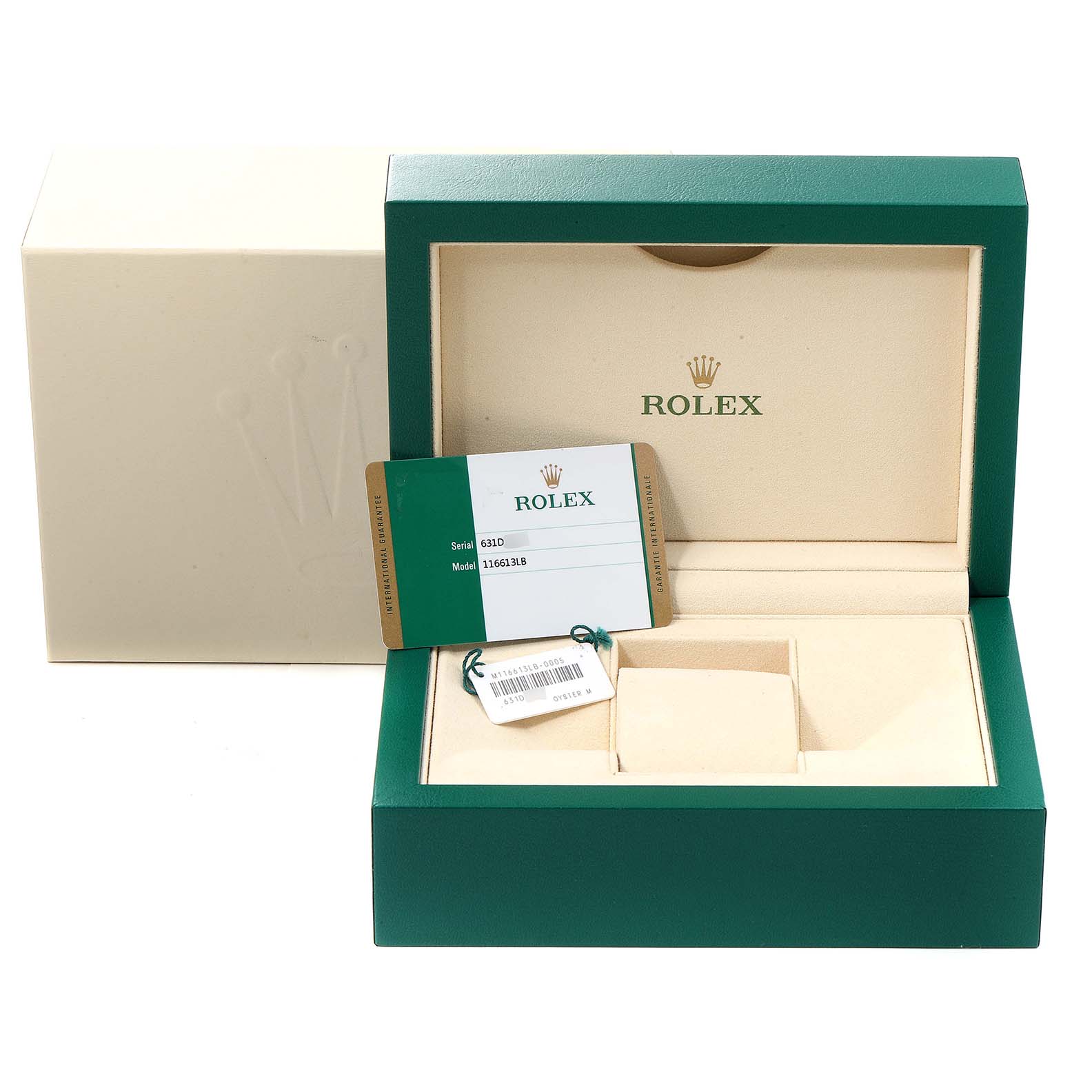 The image shows the open box and accessories for a Rolex Submariner 116613 Men's Steel and Gold (two tone) Blue Dial 116613 Men's Steel and Gold (two tone) Blue Dial watch, including a card and a tag.