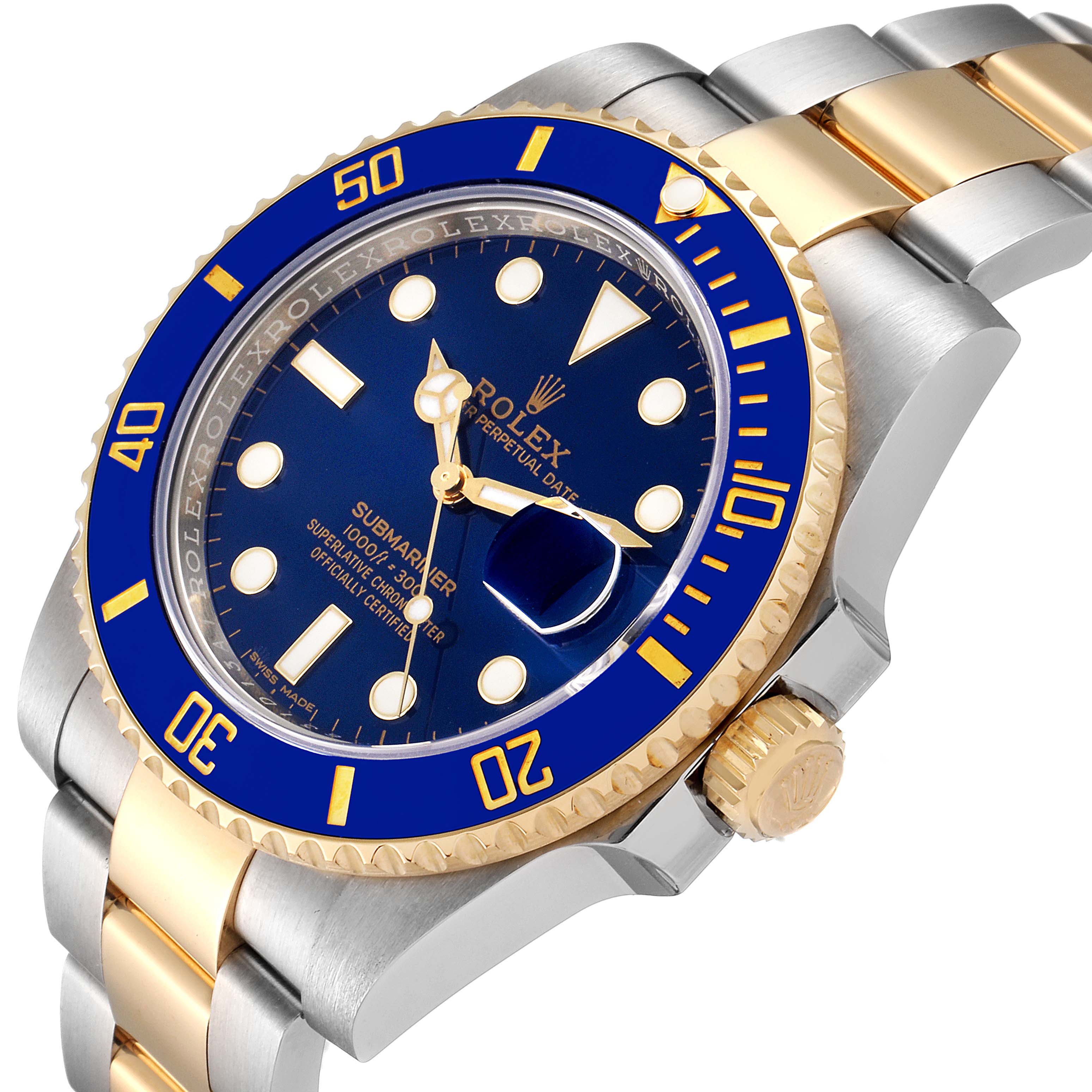 The image shows a three-quarter angle of a Rolex Submariner 116613 Men's Steel and Gold (two tone) Blue Dial 116613 Men's Steel and Gold (two tone) Blue Dial, highlighting the bezel, dial, case, and bracelet.