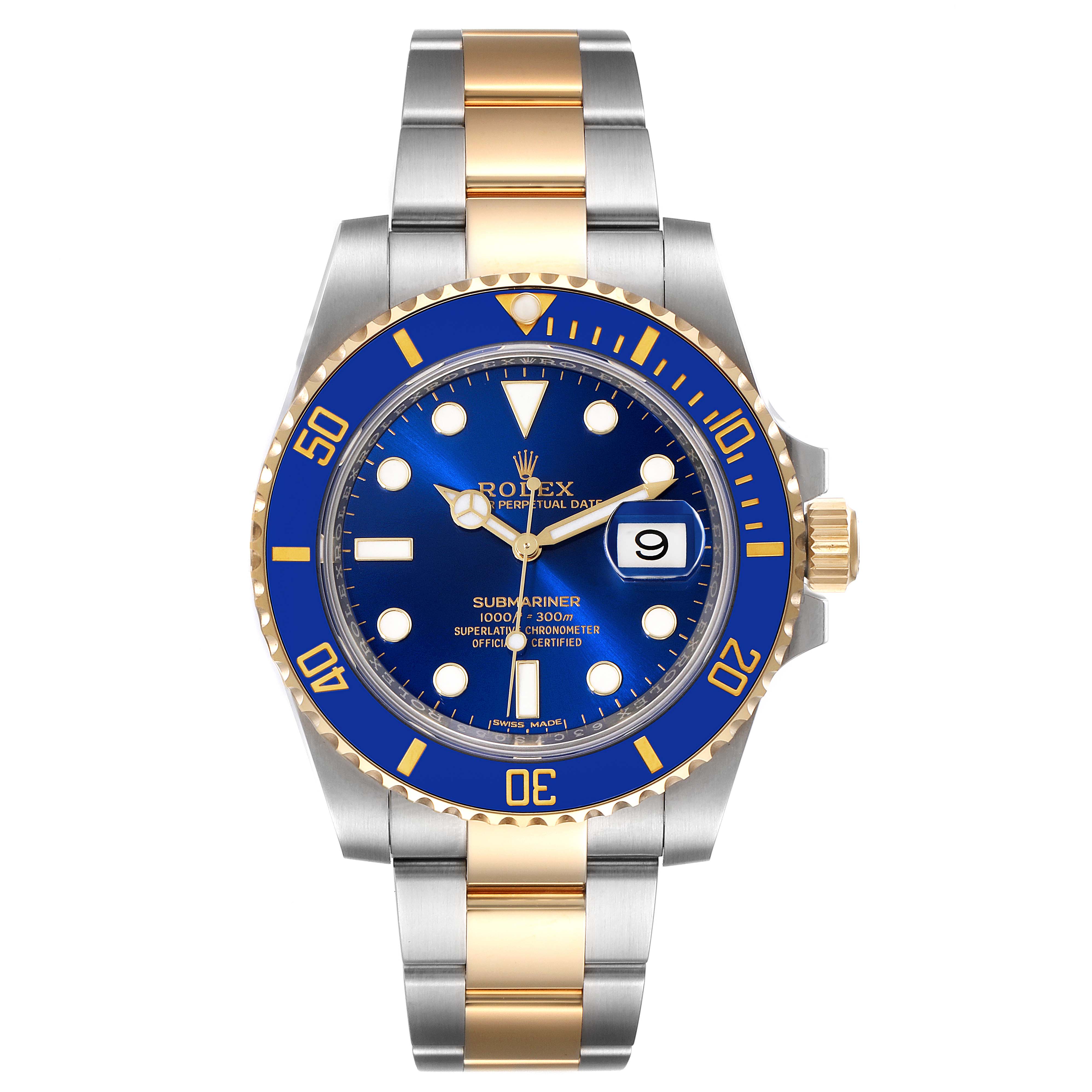 The Rolex Submariner 116613 Men's Steel and Gold (two tone) Blue Dial 116613 Men's Steel and Gold (two tone) Blue Dial is depicted from a front view, showcasing its blue bezel, dial, and two-tone metal bracelet.