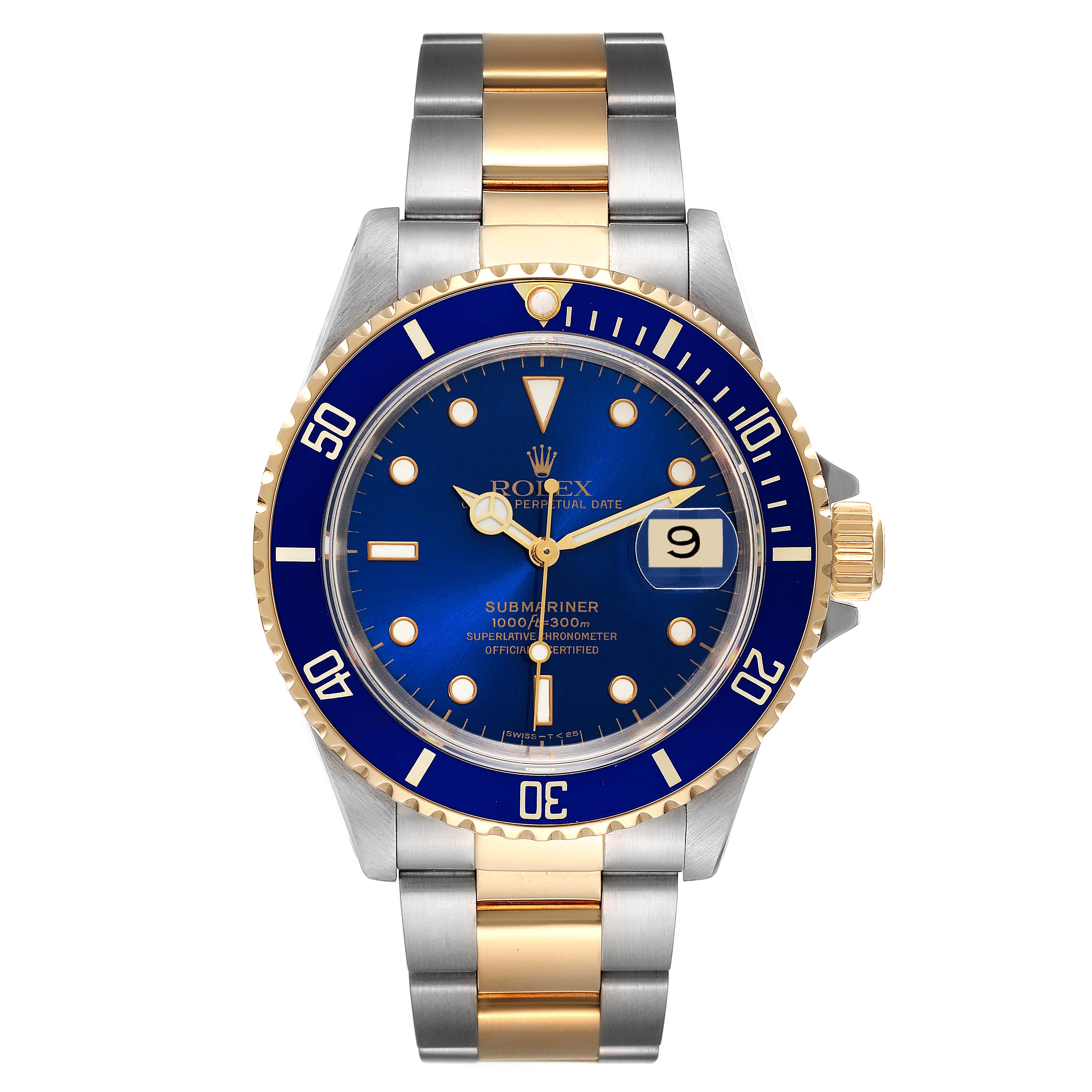 The Rolex Submariner 16613 Men's Steel and Gold (two tone) Blue Dial is shown from a top-down angle, highlighting its dial, bezel, and bracelet.