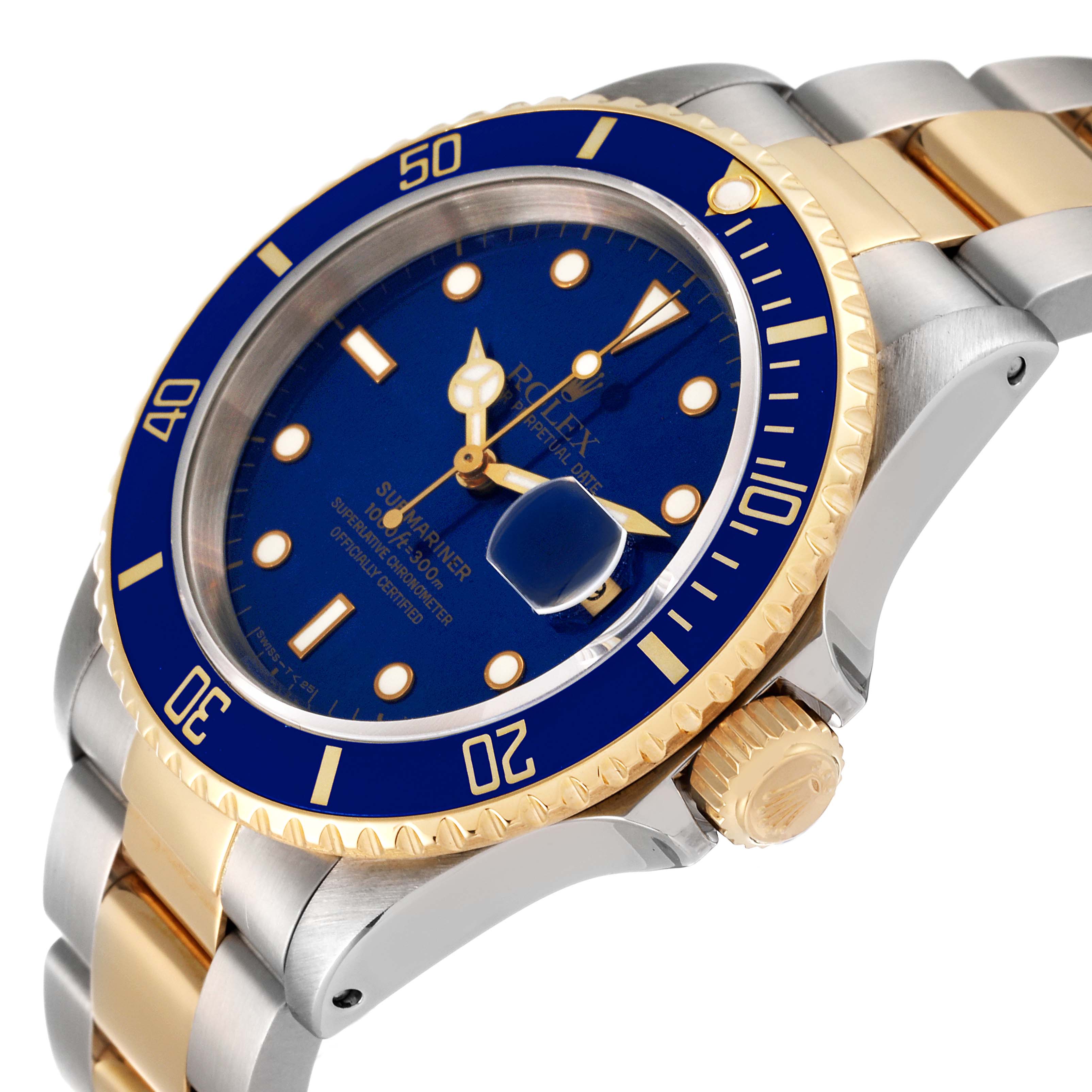 The Rolex Submariner 16613 Men's Steel and Gold (two tone) Blue Dial watch is shown at an angled side view, highlighting the blue and gold bezel, dial, crown, and bracelet.