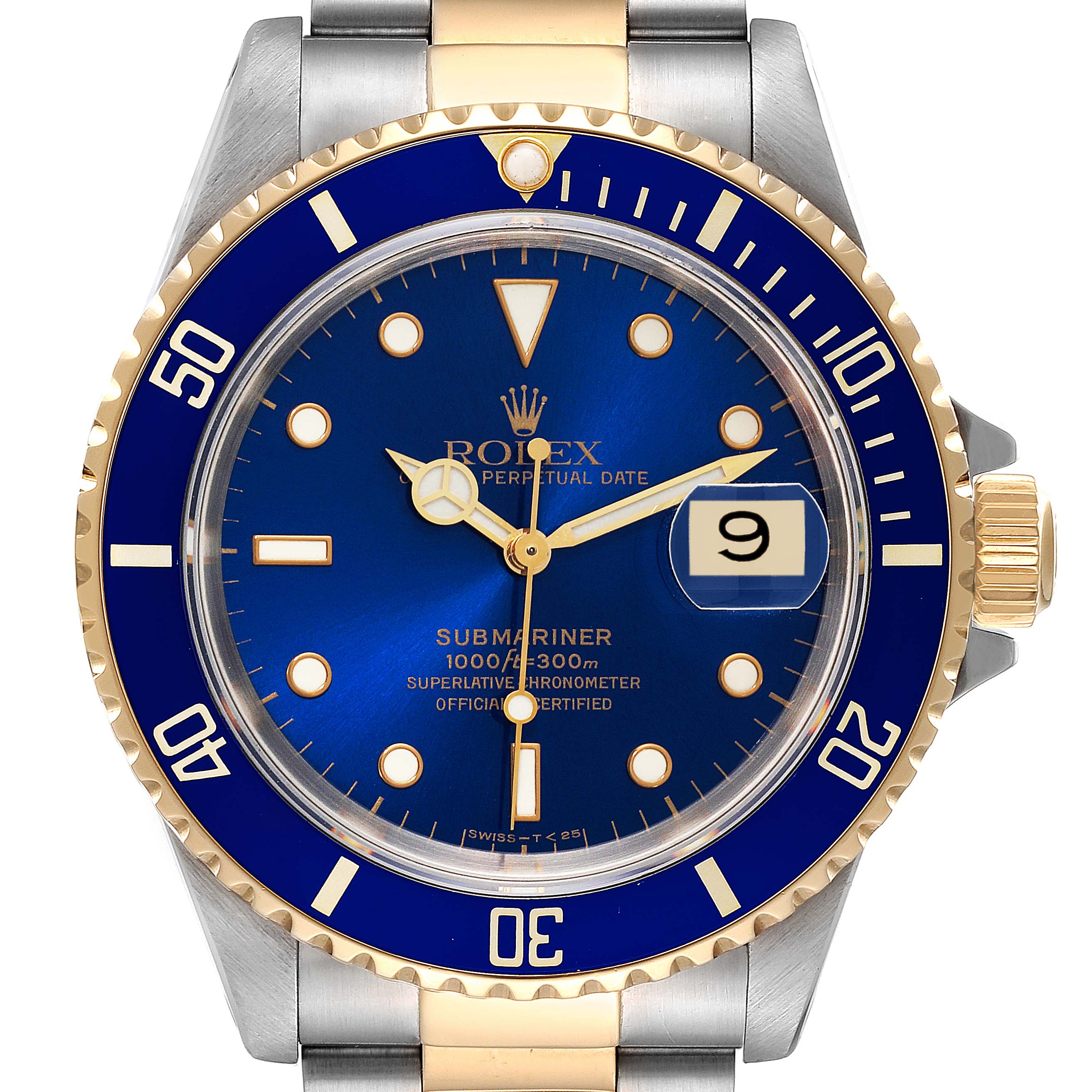 The Rolex Submariner 16613 Men's Steel and Gold (two tone) Blue Dial is shown from the front, highlighting the blue dial, bezel, and date feature.