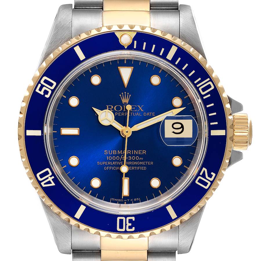 The Rolex Submariner 16613 Men's Steel and Gold (two tone) Blue Dial is shown from the front, highlighting the blue dial, bezel, and date feature.