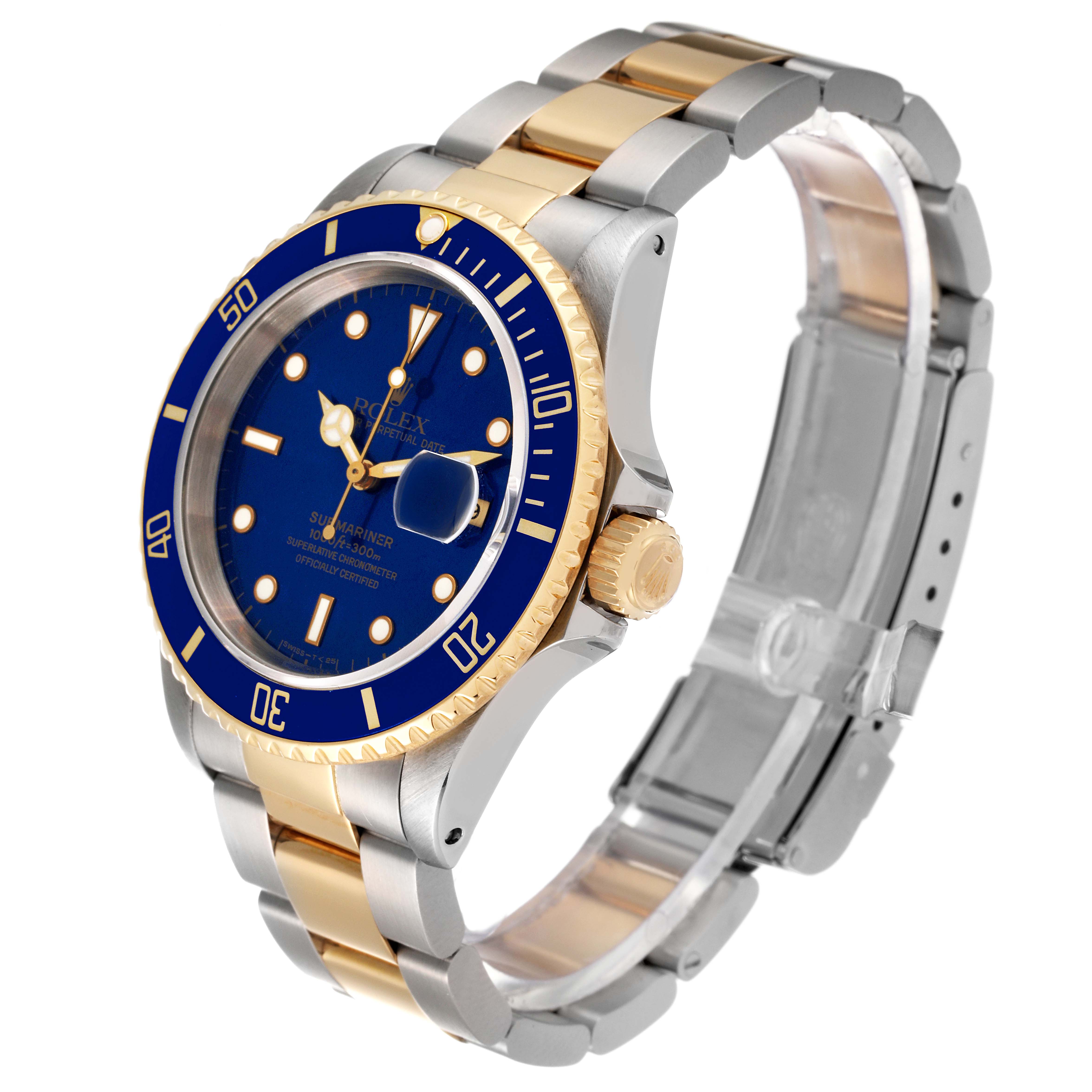 The Rolex Submariner 16613 Men's Steel and Gold (two tone) Blue Dial watch is angled to show the dial, bezel, case, crown, and part of the bracelet, highlighting its two-tone design.