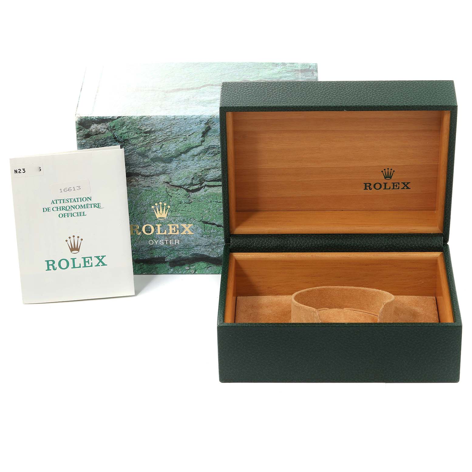 The image shows the packaging and accessories for a Rolex Submariner 16613 Men's Steel and Gold (two tone) Blue Dial, including the open box, outer box, and paperwork.