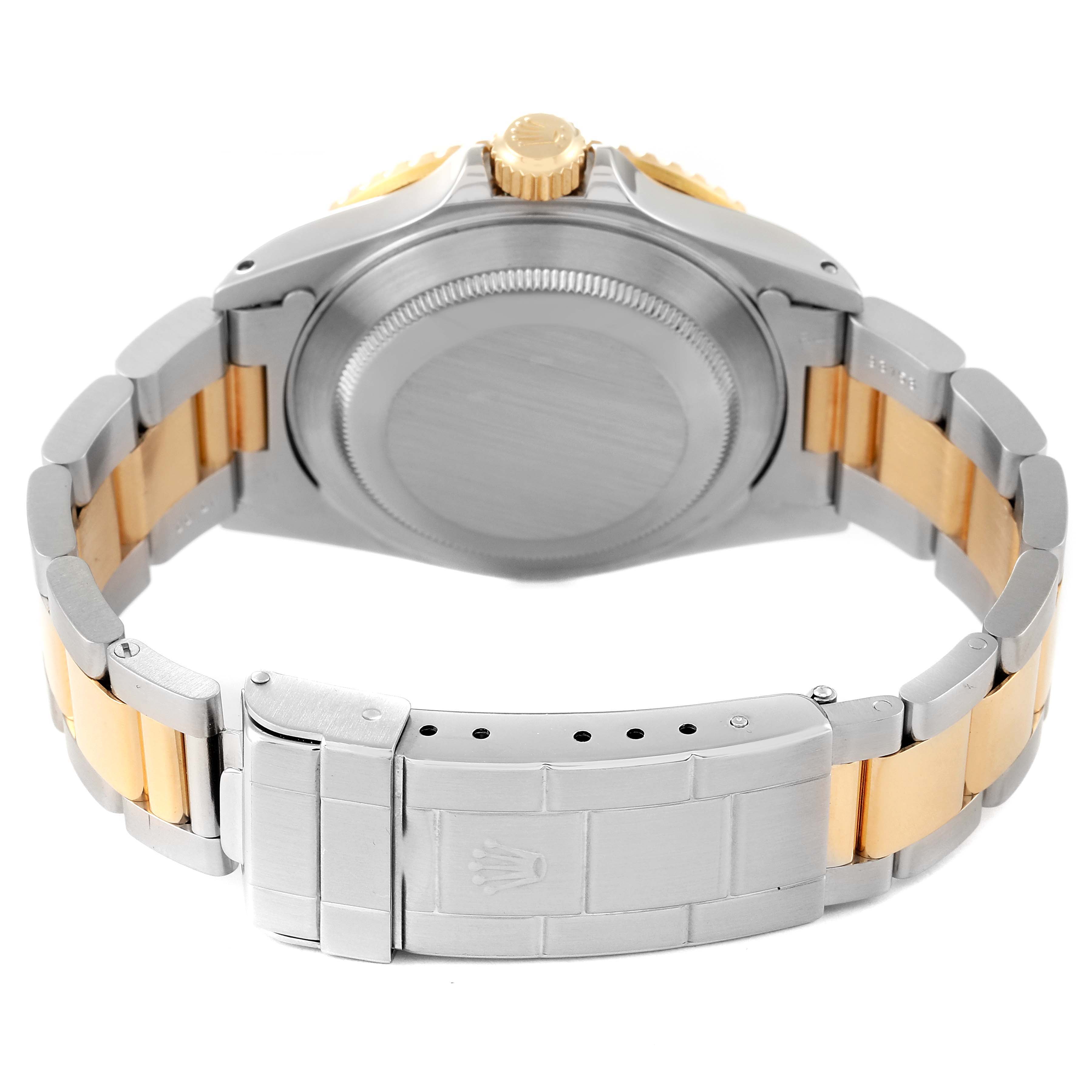 The image shows the back view of a Rolex Submariner 16613 Men's Steel and Gold (two tone) Blue Dial, highlighting the case back, clasp, and two-tone bracelet.