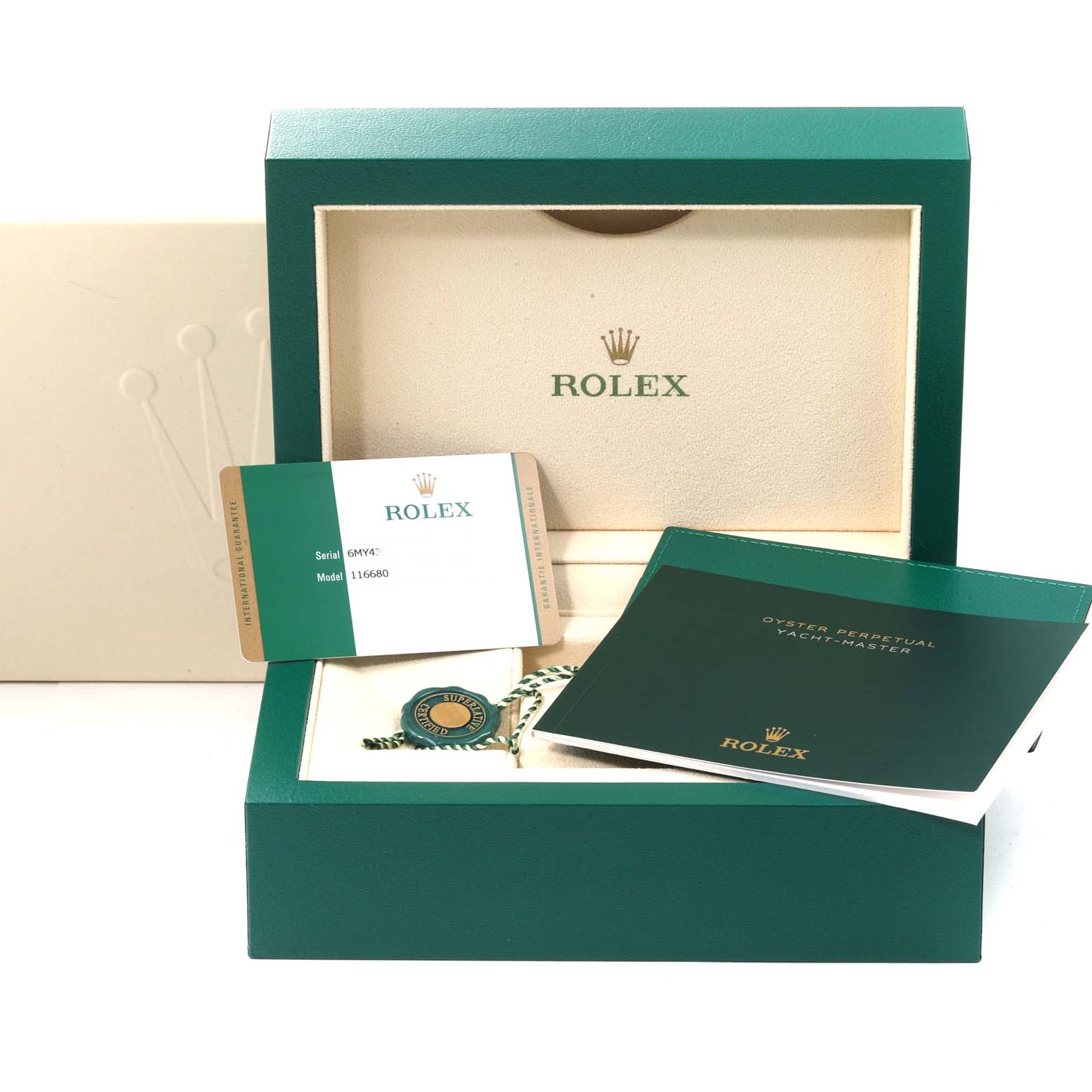 The image shows the box, warranty card, booklet, and tag for the Rolex Yacht-Master 116680 Men's Stainless Steel White Dial 116680 Men's Stainless Steel White Dial model.