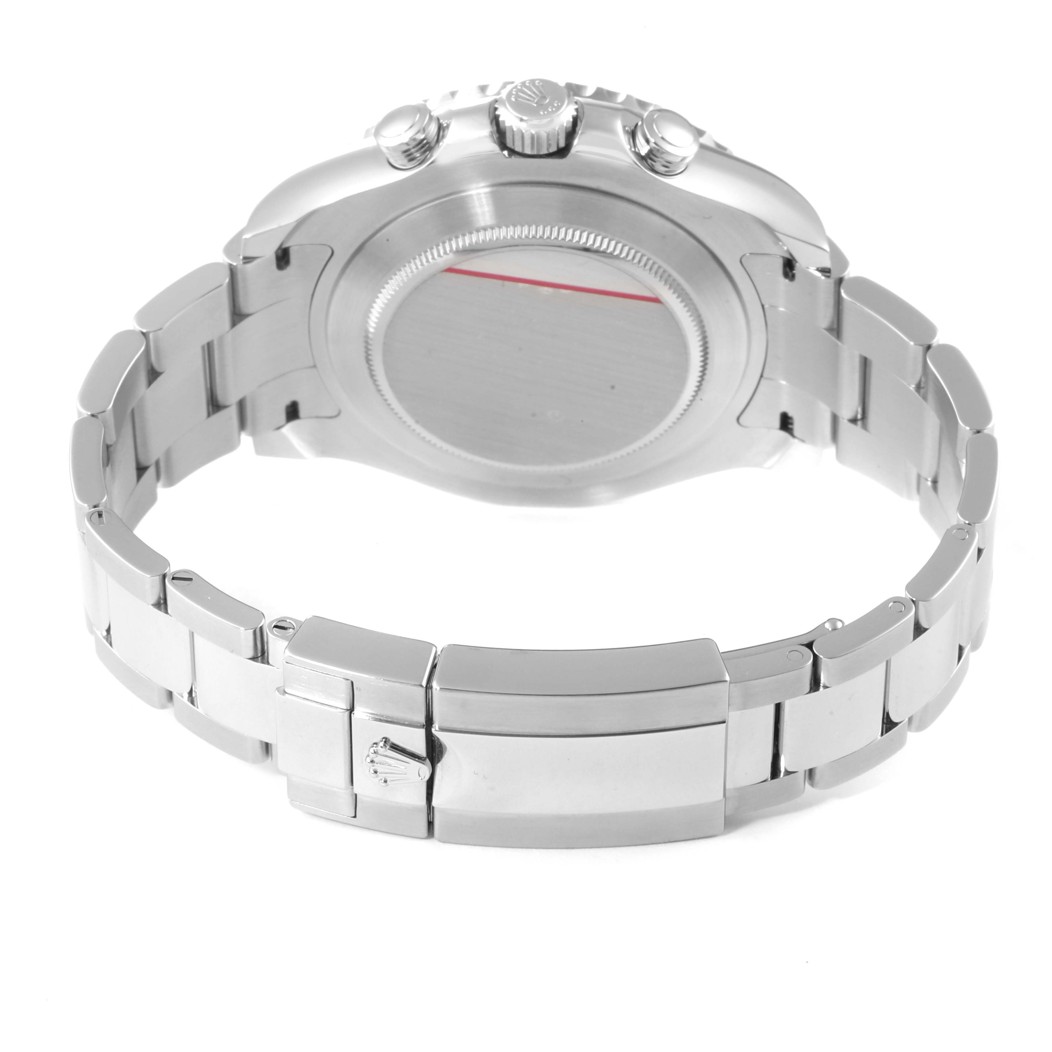 The image shows the back and side view of the Rolex Yacht-Master 116680 Men's Stainless Steel White Dial 116680 Men's Stainless Steel White Dial watch, highlighting its stainless steel bracelet and clasp.
