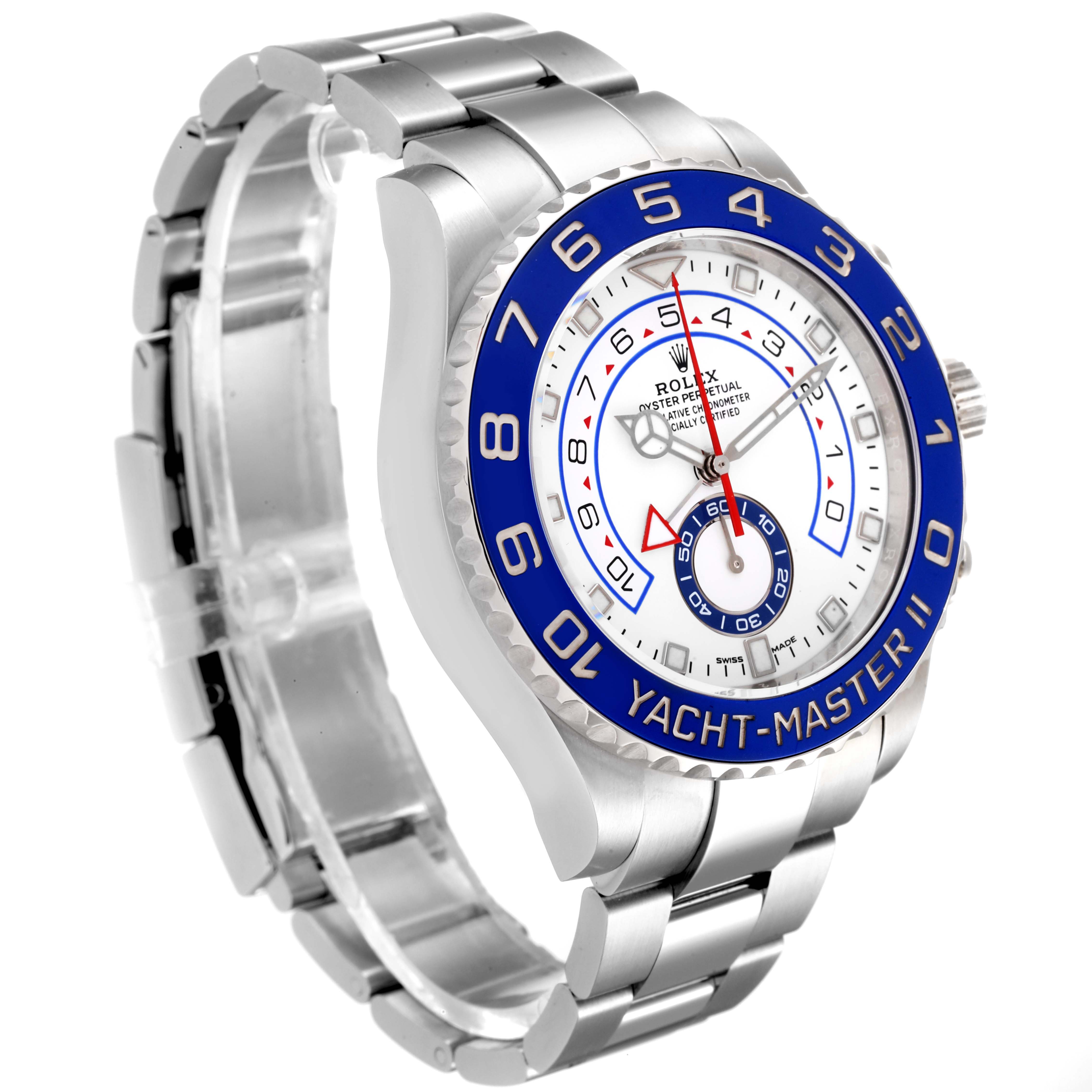 This image shows a three-quarter angle of a Rolex Yacht-Master 116680 Men's Stainless Steel White Dial 116680 Men's Stainless Steel White Dial II watch, highlighting its face, bezel, and bracelet.