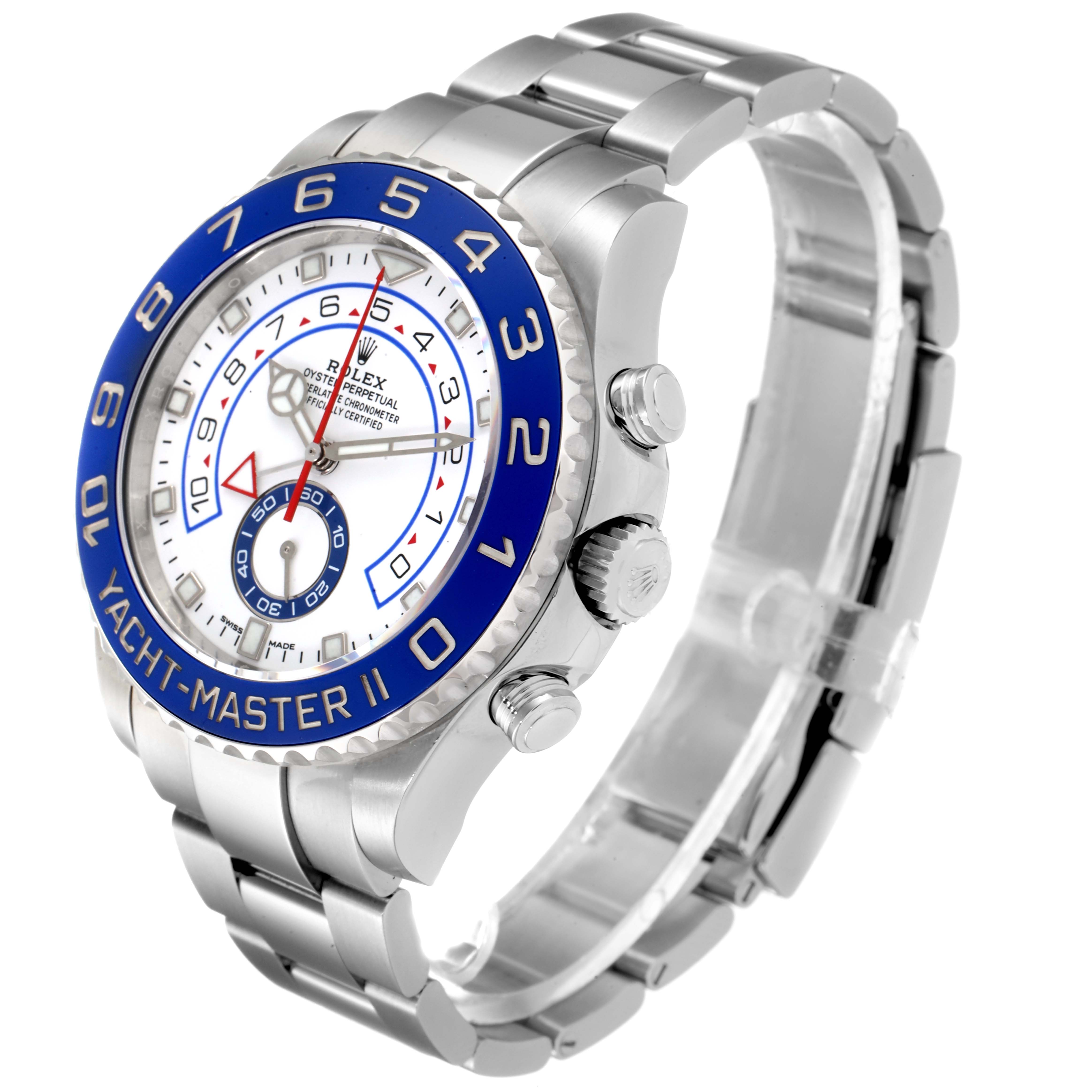 This image displays a Rolex Yacht-Master 116680 Men's Stainless Steel White Dial 116680 Men's Stainless Steel White Dial watch at an angled view, highlighting its face, bezel, and bracelet.