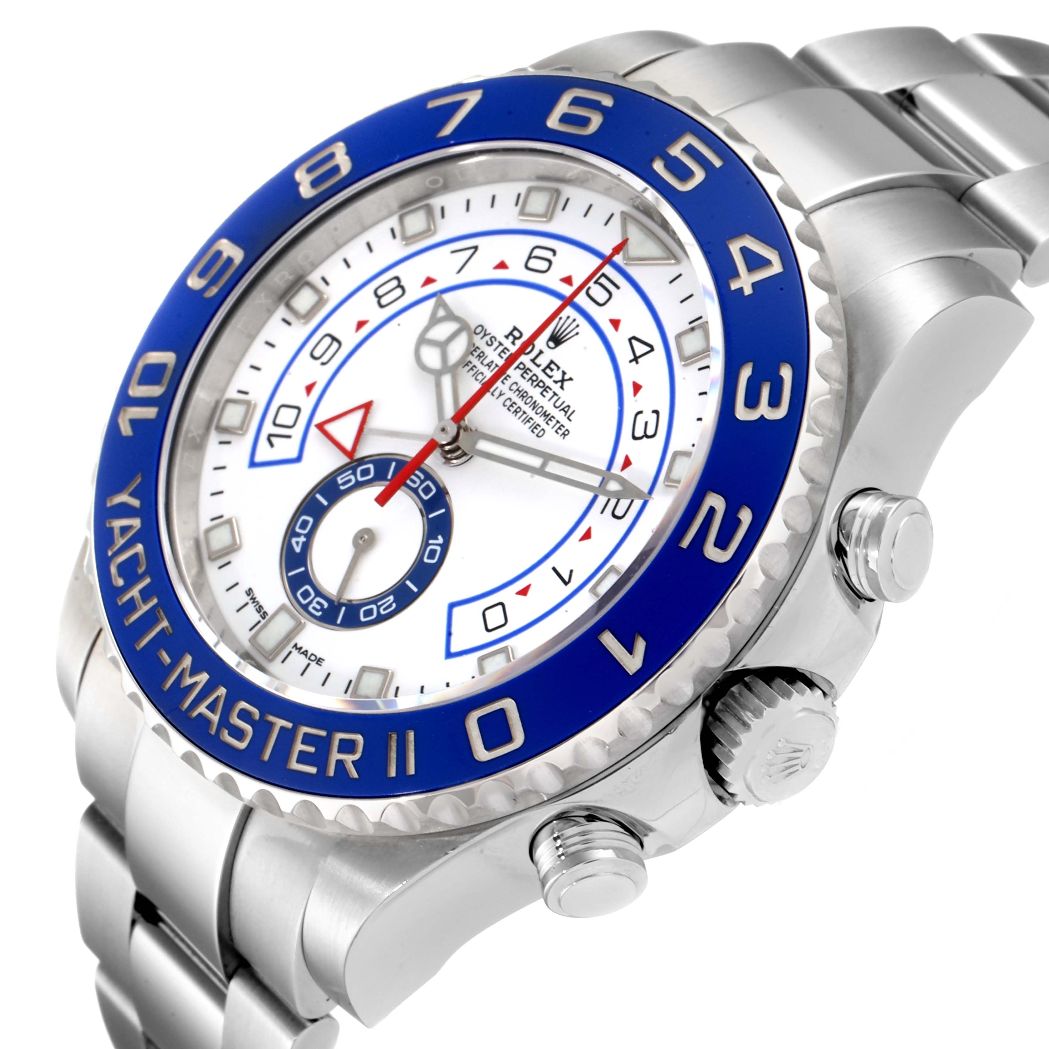 The image shows a side and front angle of the Rolex Yacht-Master 116680 Men's Stainless Steel White Dial 116680 Men's Stainless Steel White Dial II watch, highlighting its bezel, dial, and crown.